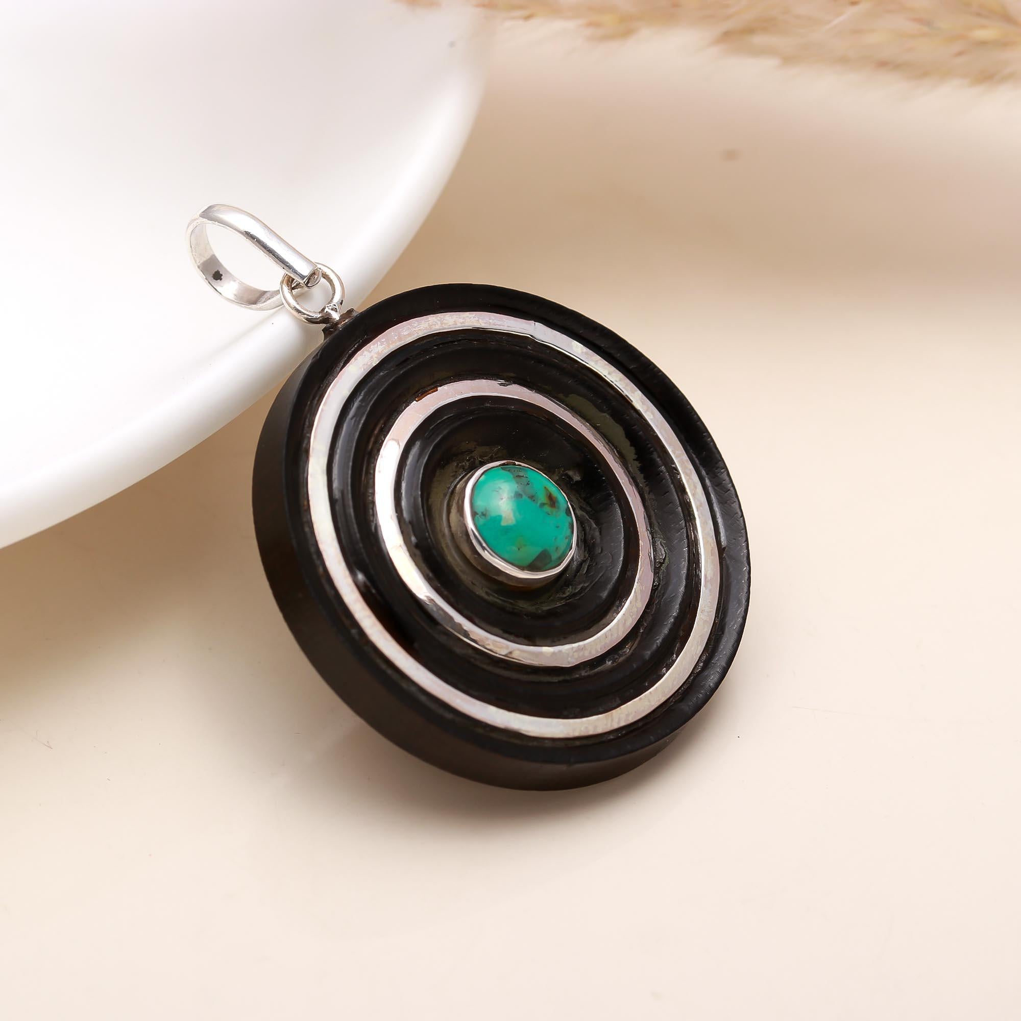Silver Ebony Wood Turquoise Gemstone Spiral Pendant