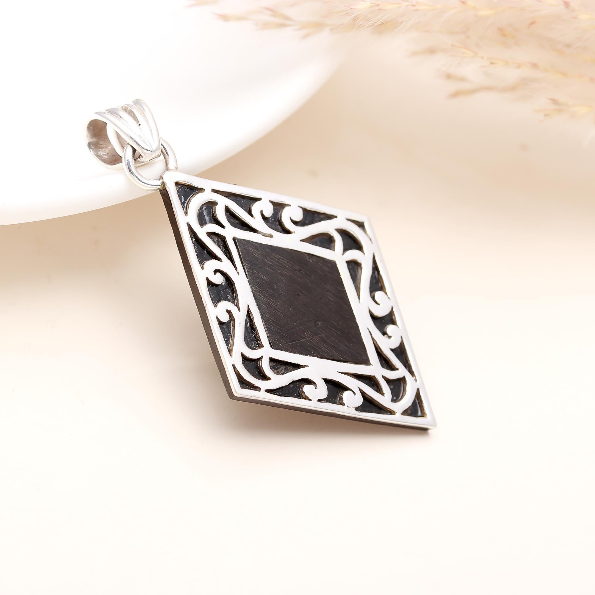 The Mystic Rhombus: Sterling Silver Scroll & Black Inlay Pendant