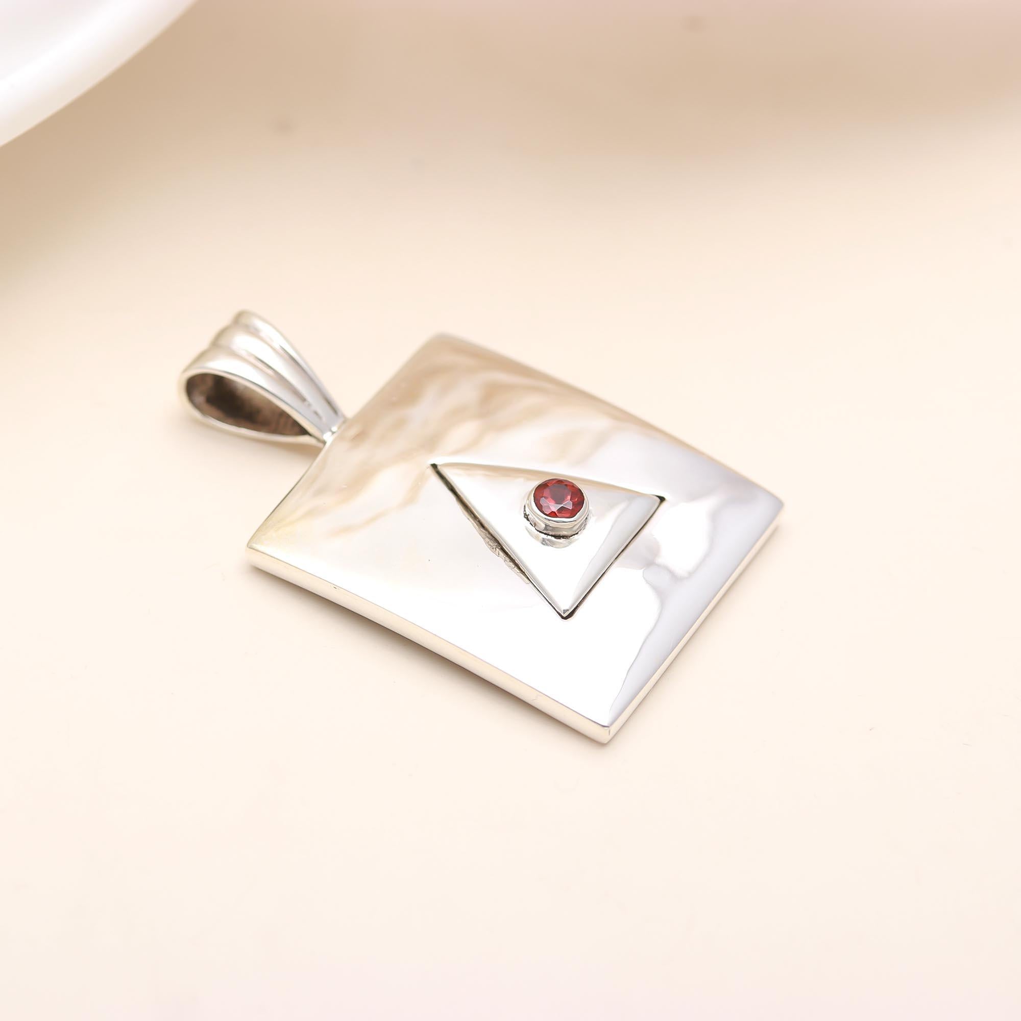 The Crimson Vertex: Modern Silver Square & Garnet Pendant