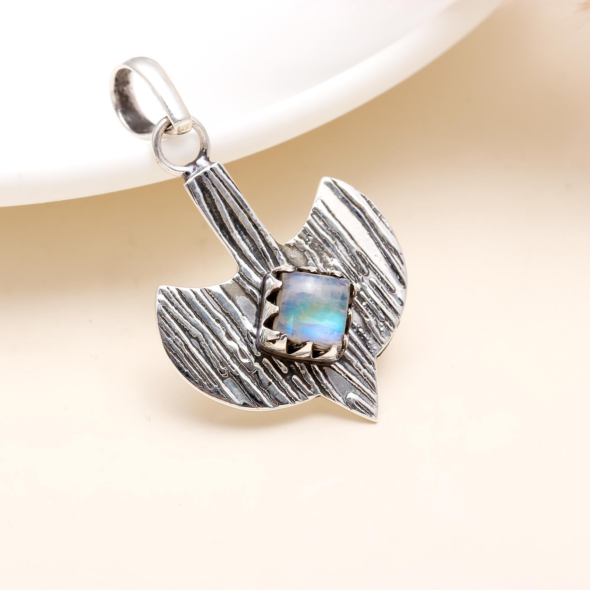 The Lunar Hatchet: Moonstone & Textured Silver Axe Pendant