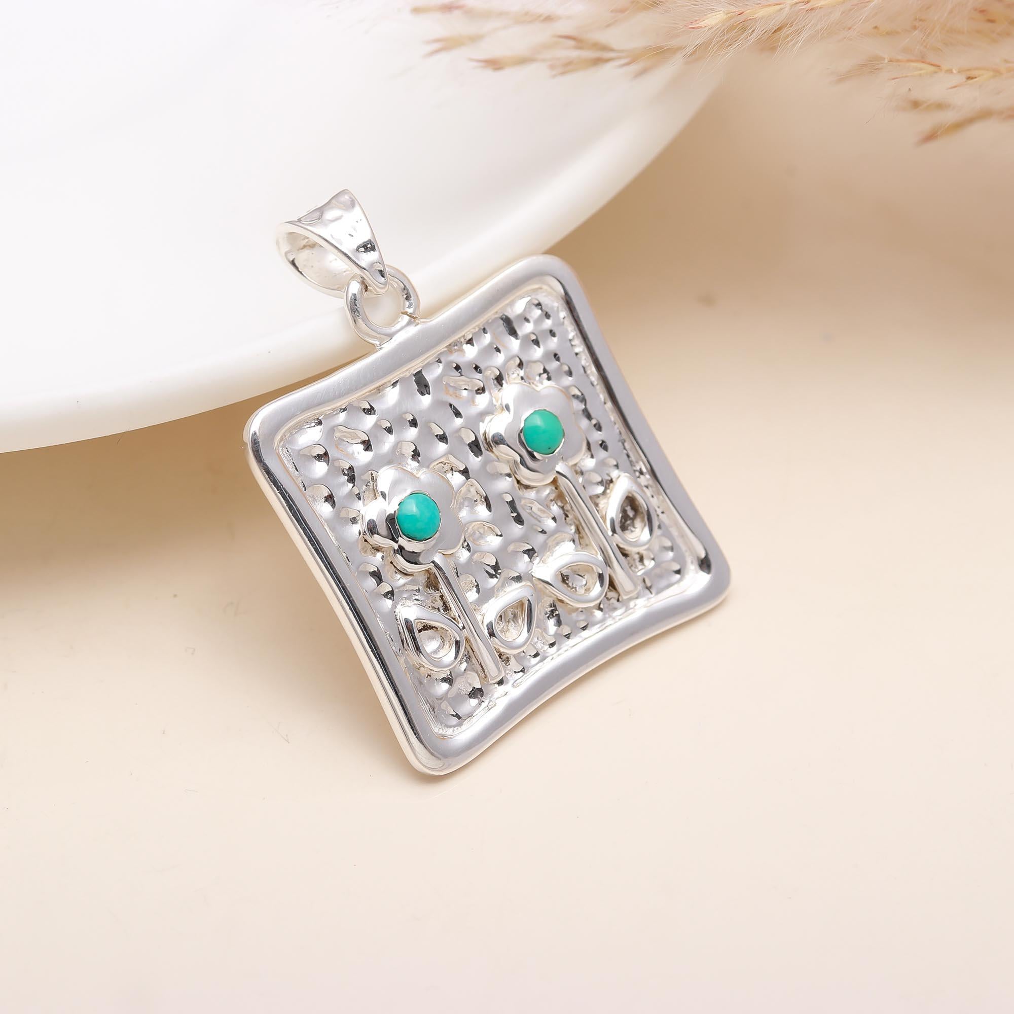 The Garden Square: Textured Silver & Turquoise Flower Pendant