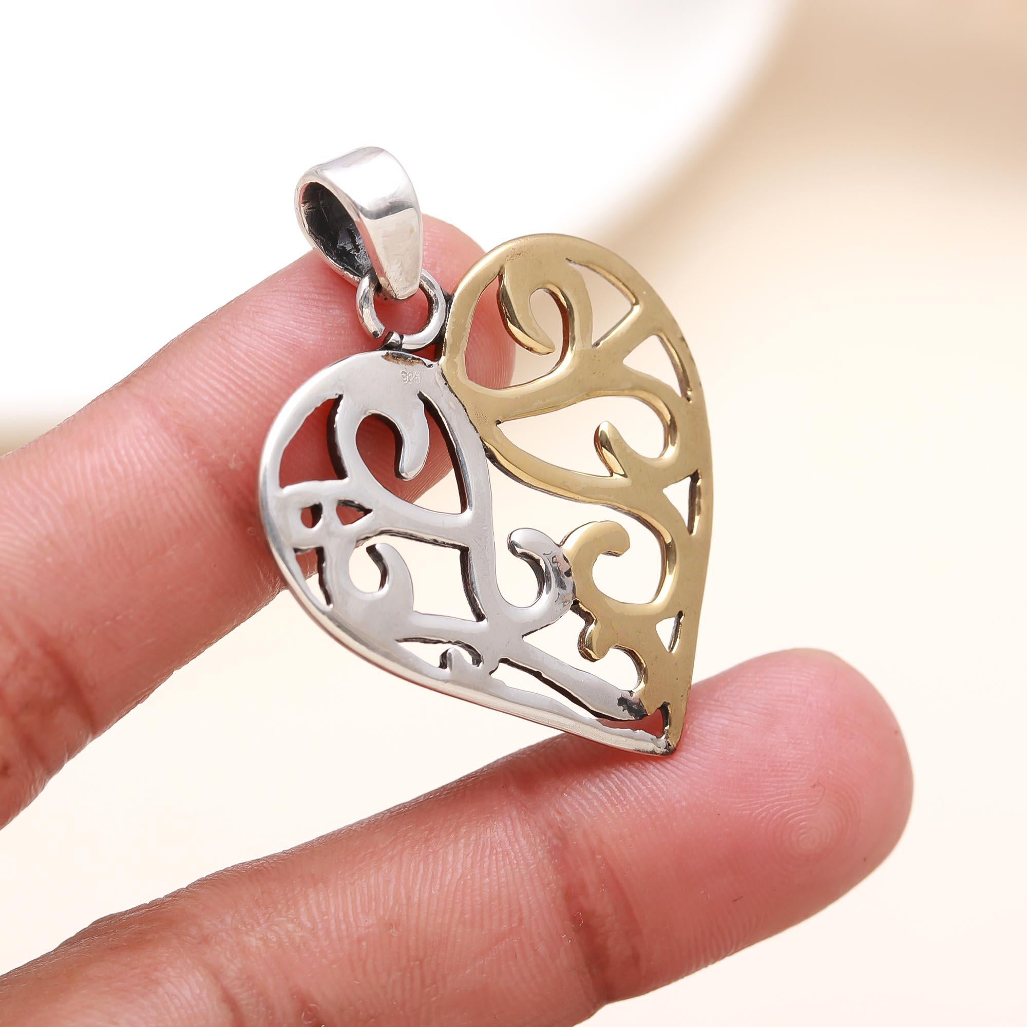 The Harmonious Heart: Two-Tone Filigree Scroll Pendant