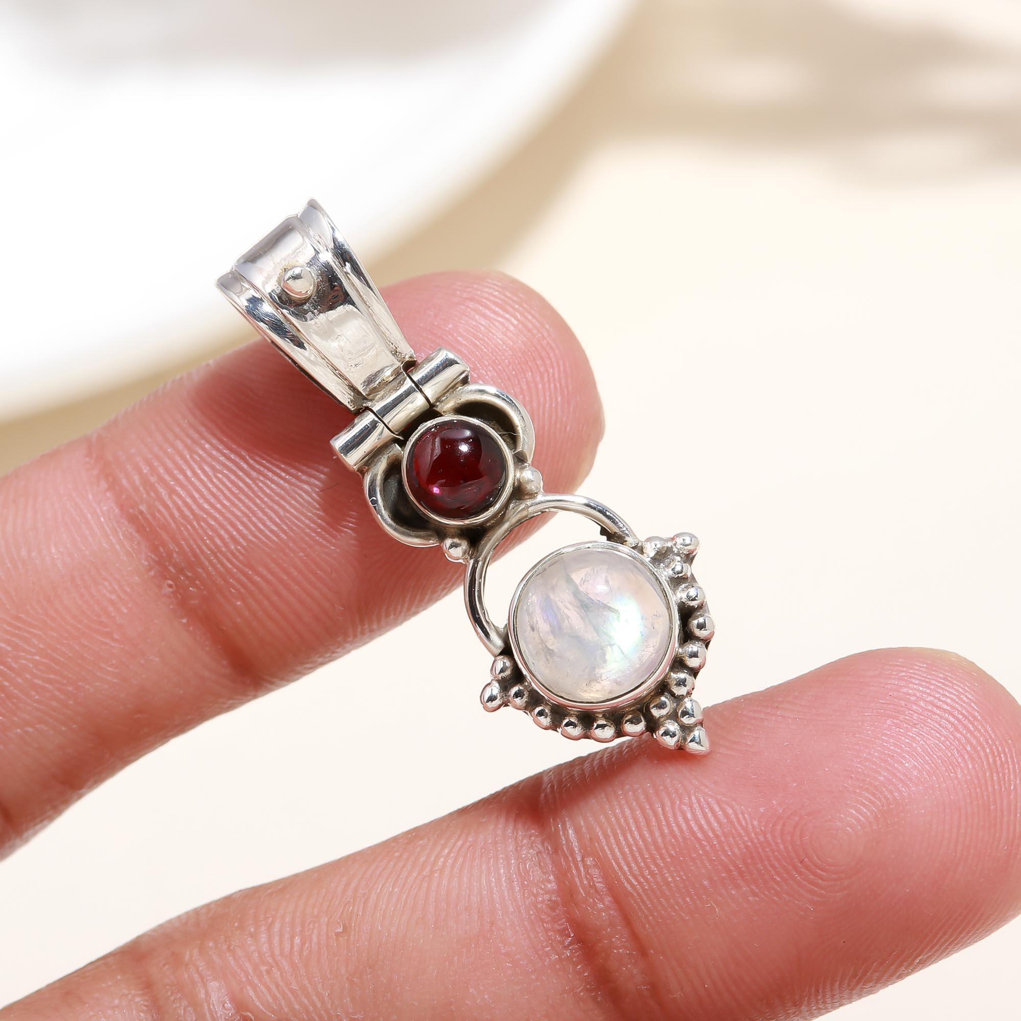 925 Silver Moonstone and Garnet Pendant