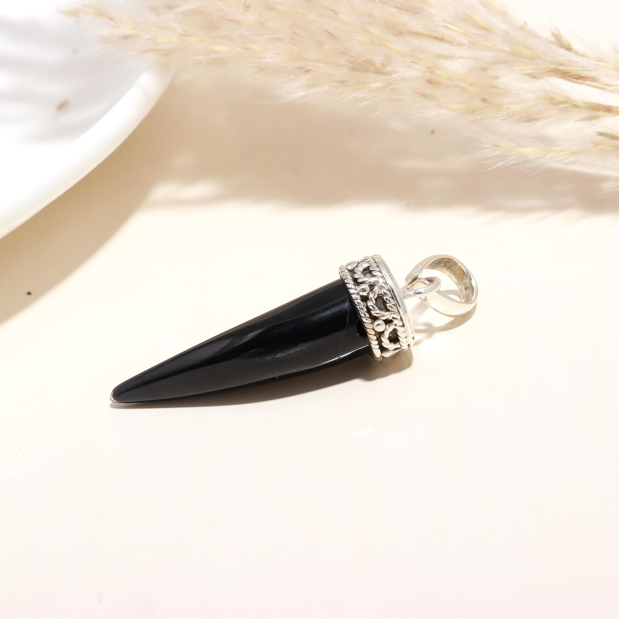 Natural Black Onyx Horn Pendant in 925 Sterling Silver – Boho Tusk Necklace Charm