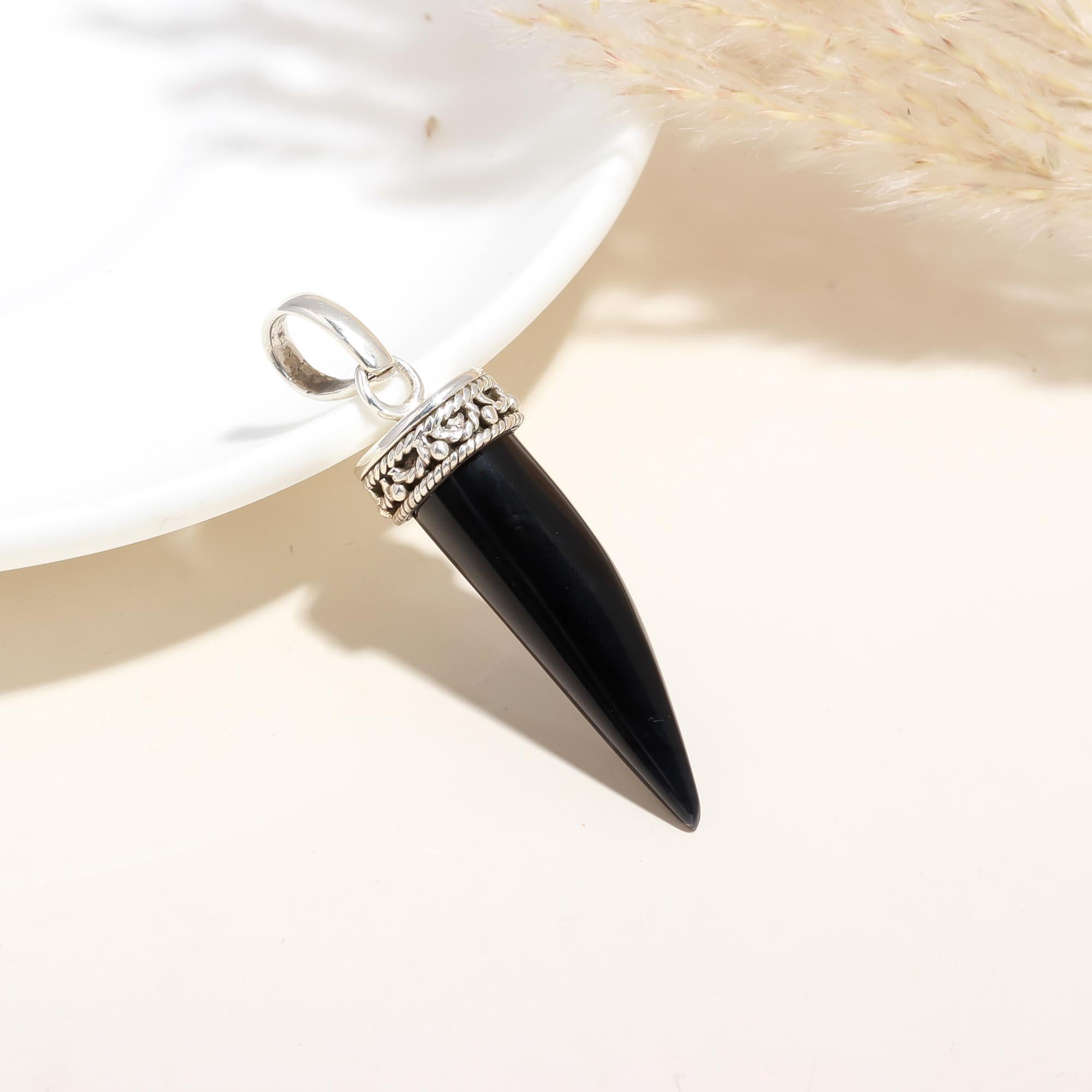 Natural Black Onyx Horn Pendant in 925 Sterling Silver – Boho Tusk Necklace Charm