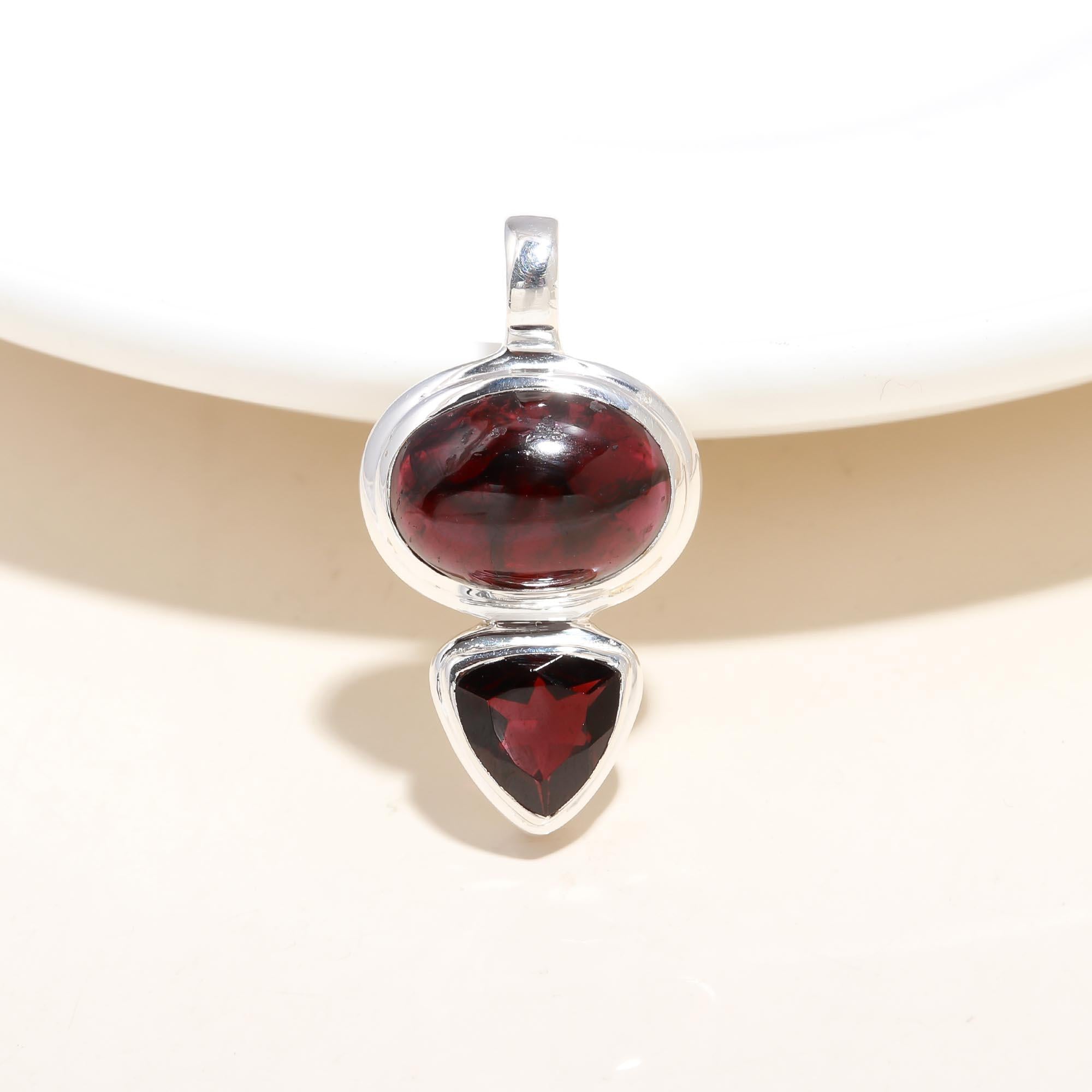 Natural Red Garnet Duo Pendant in 925 Sterling Silver – Modern Oval & Trillion Necklace Charm