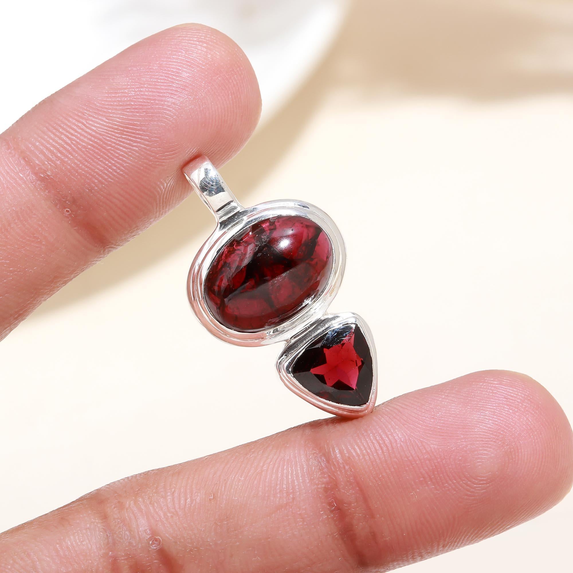 Natural Red Garnet Duo Pendant in 925 Sterling Silver – Modern Oval & Trillion Necklace Charm