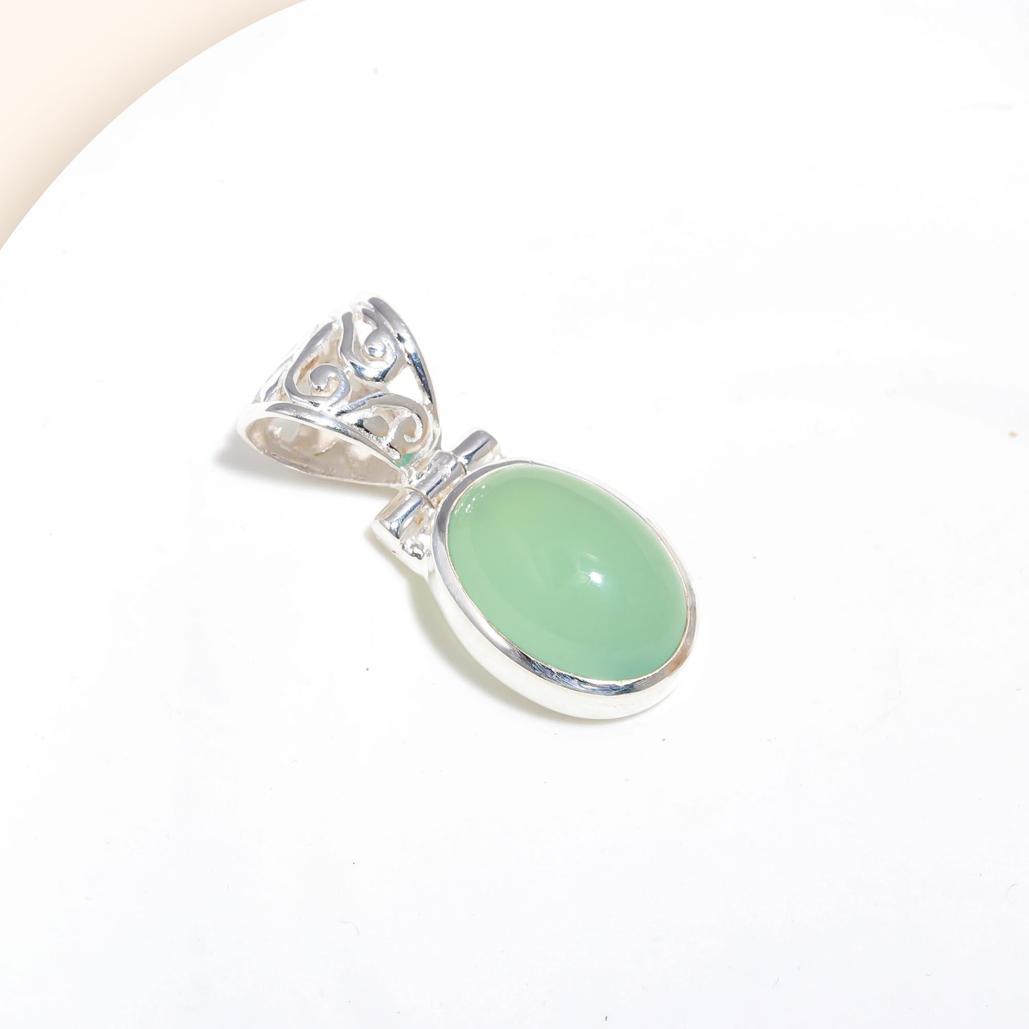 The Serene Seafoam: Green Chalcedony Filigree Pendant