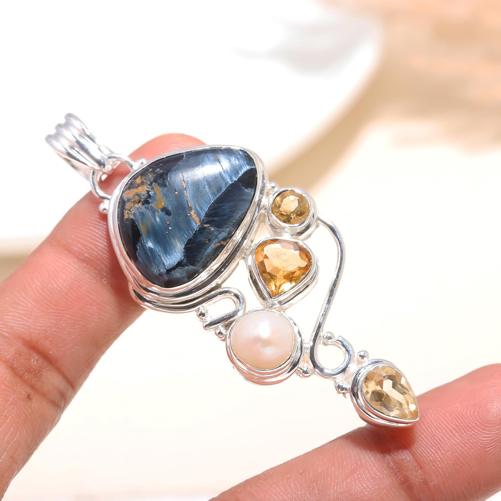 The Pietersite Storm: Pietersite & Pearl Asymmetrical Pendant