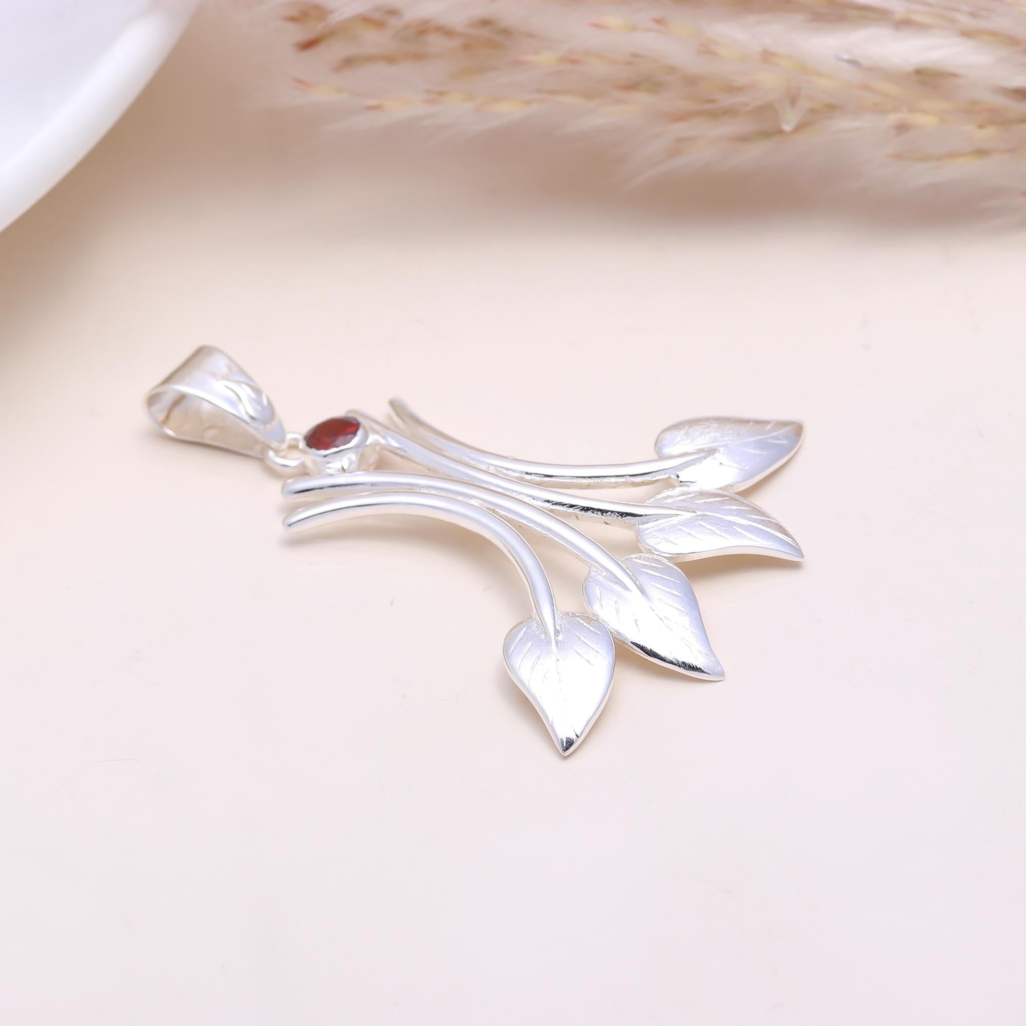 The Winter Berry: Silver Leaf & Garnet Pendant