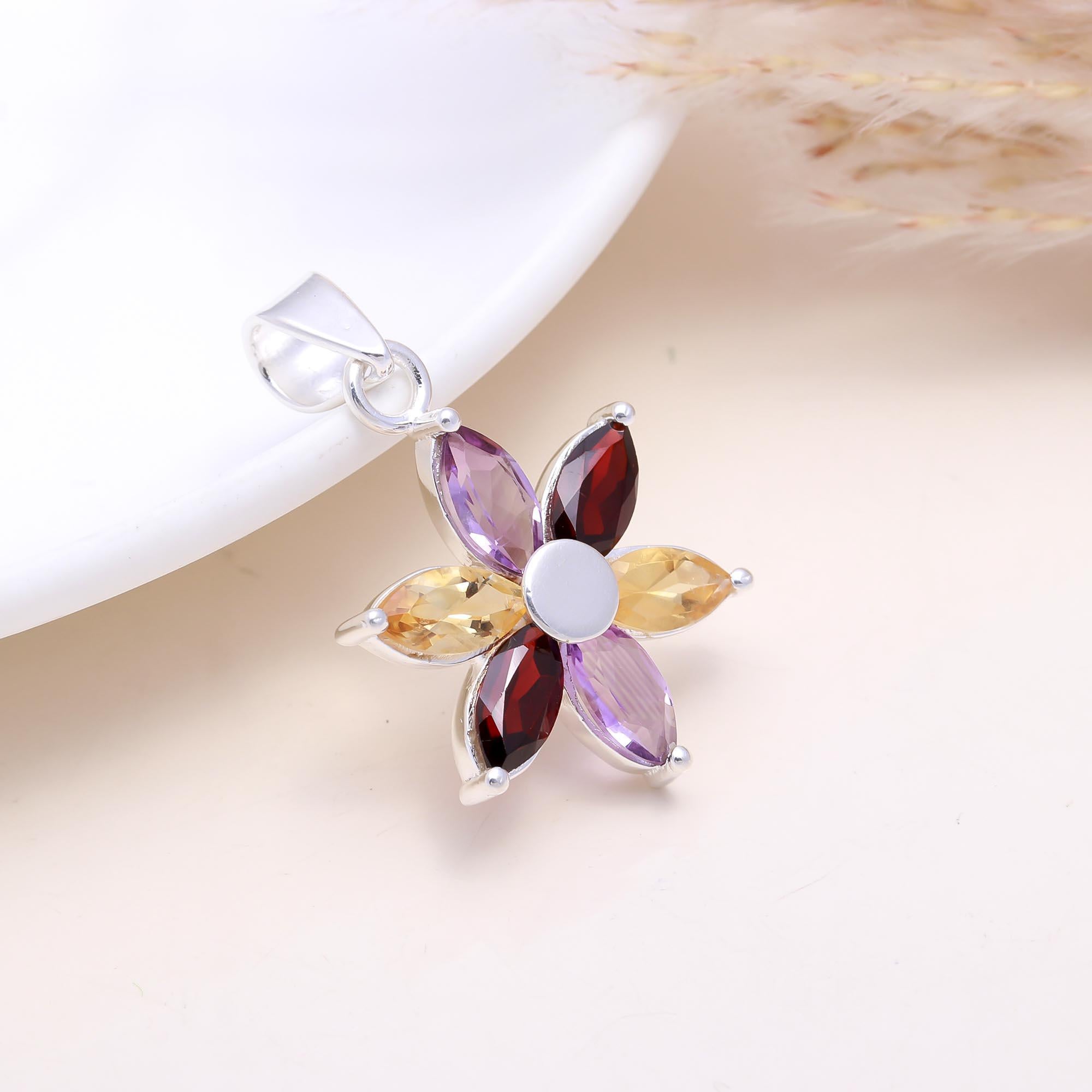 The Vibrant Bloom: Multi-Gemstone Flower Pendant