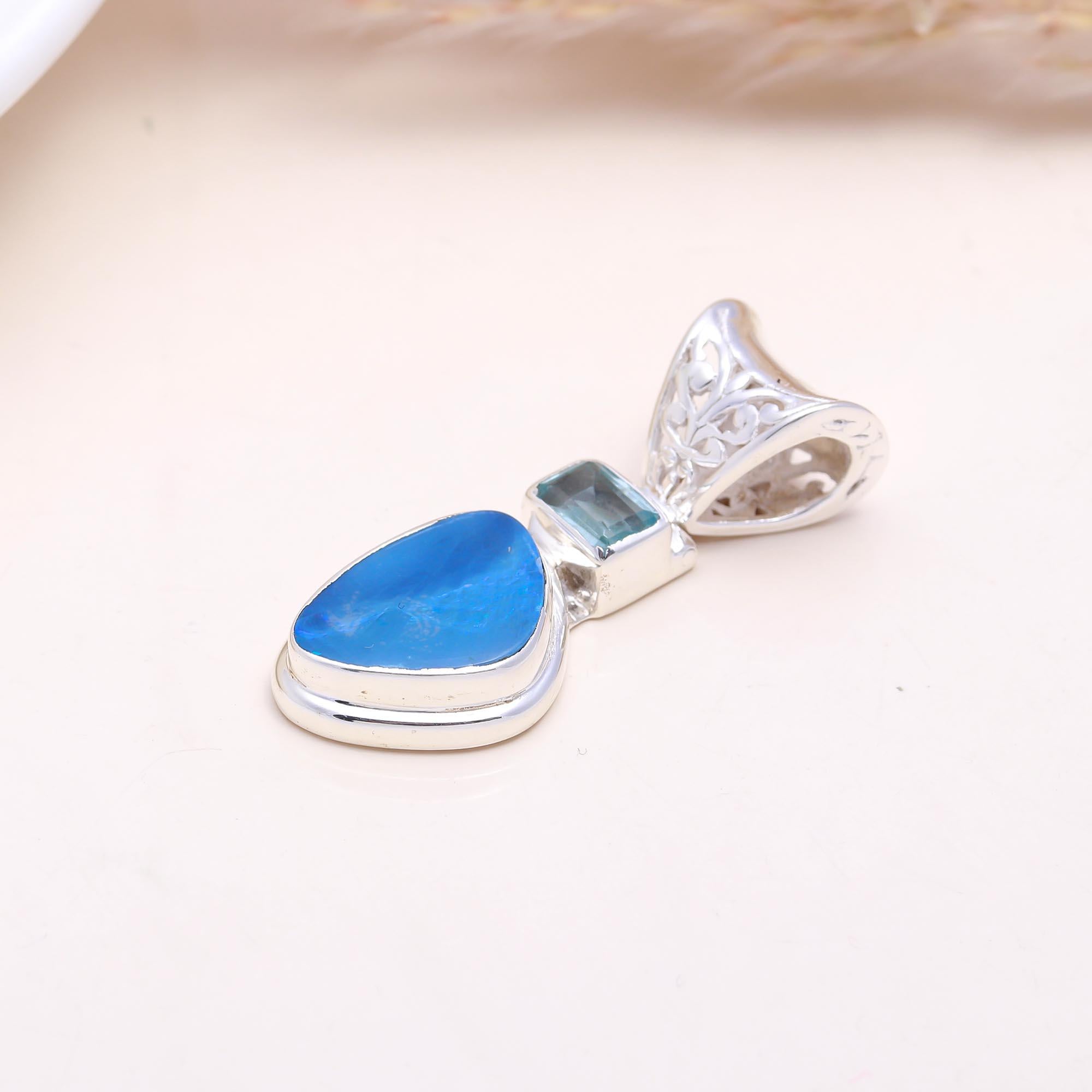 The Ocean & Sky: Opal & Blue Topaz Pendant