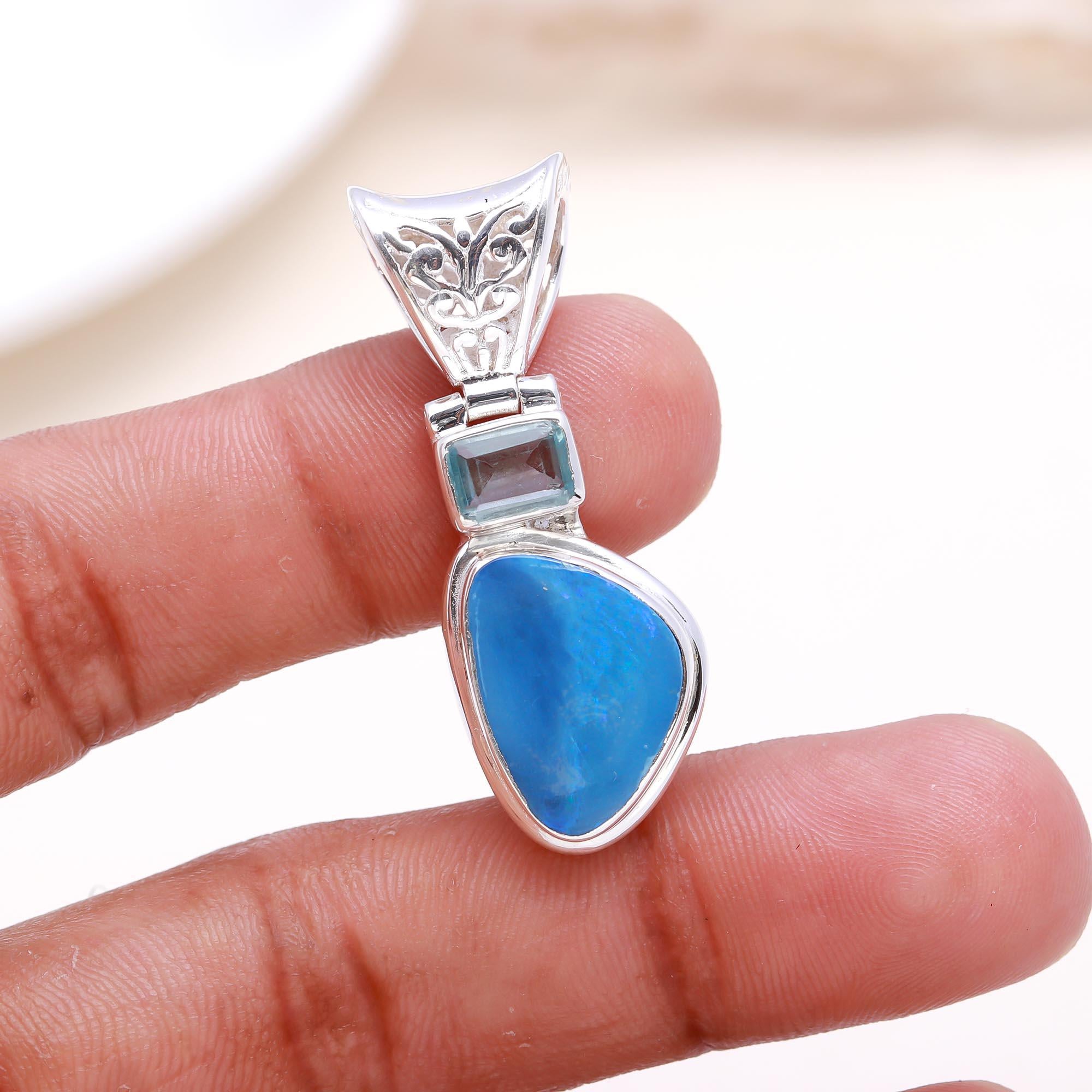 The Ocean & Sky: Opal & Blue Topaz Pendant