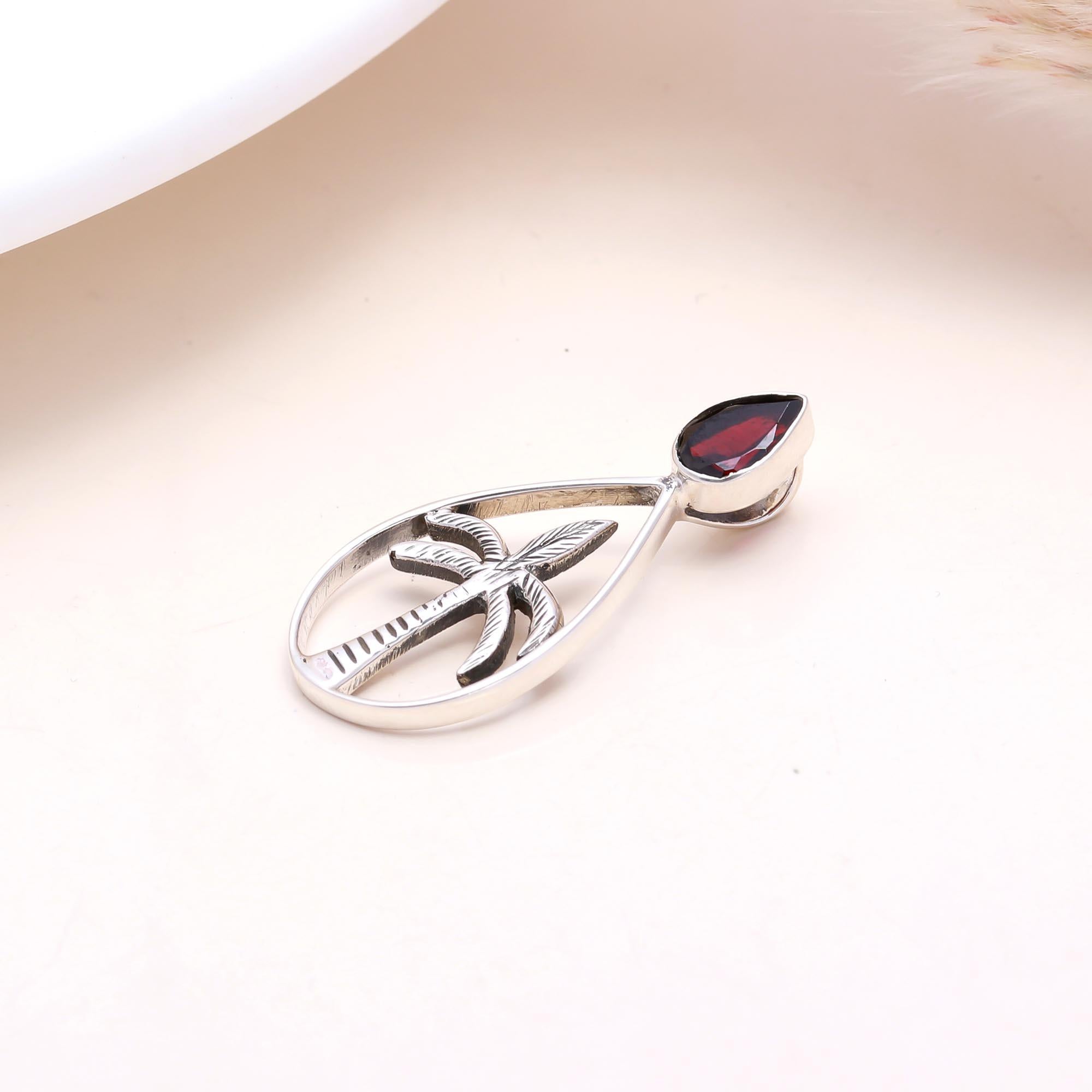 The Tropical Palm Drop: Silver Palm Tree & Garnet Pendant