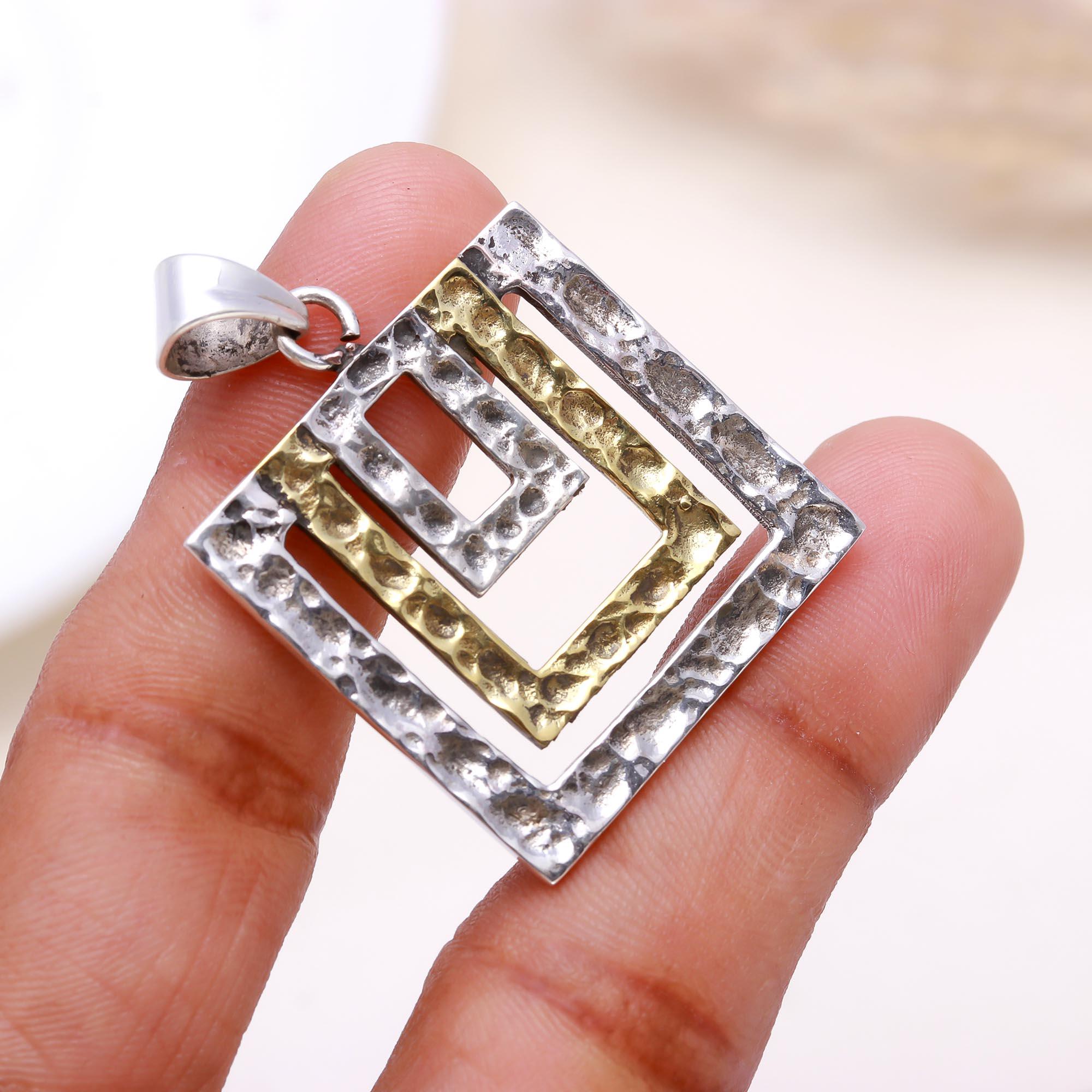 The Rustic Geo-Frame: Hammered Two-Tone Nested Pendant