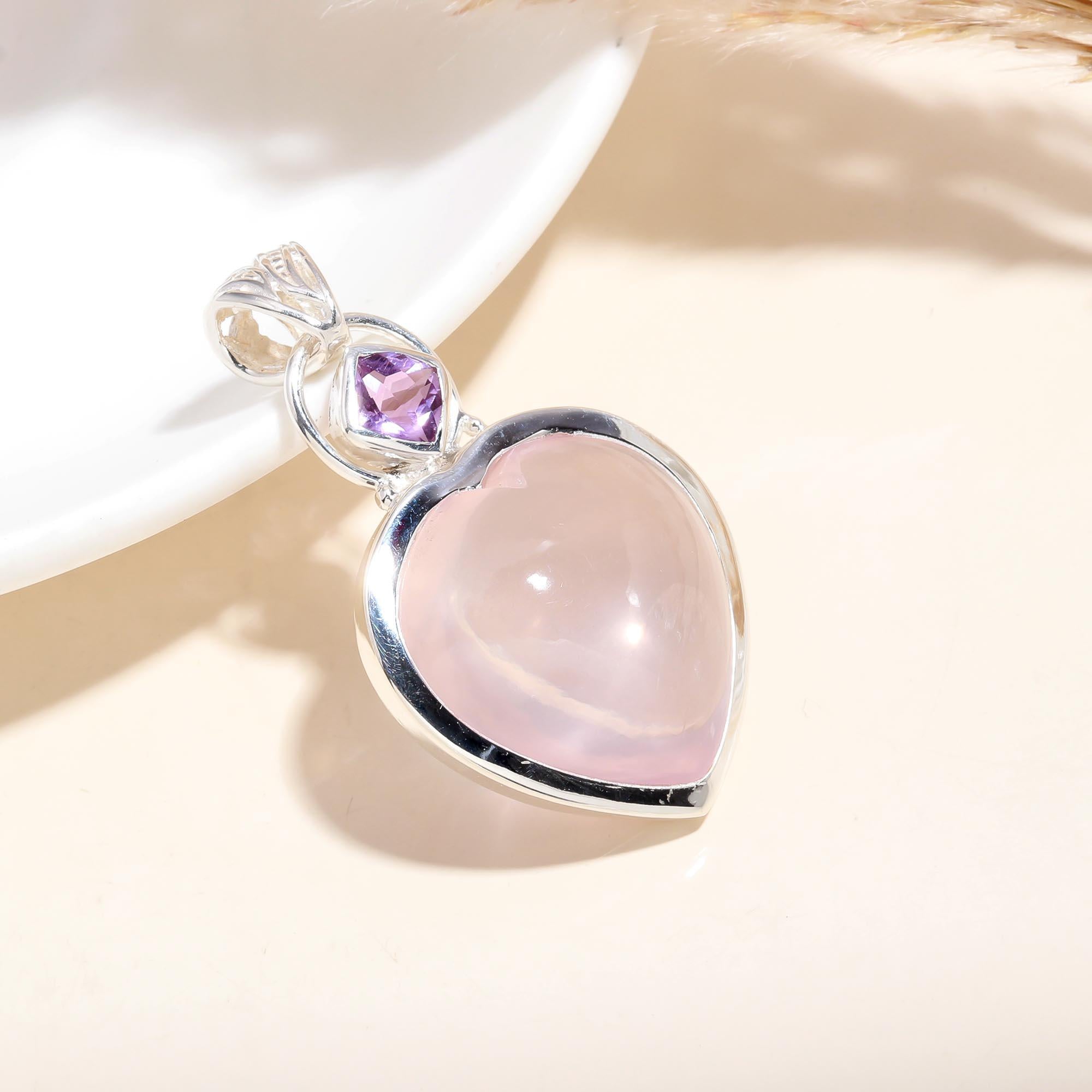 The Sweet Harmony: Rose Quartz Heart & Amethyst Pendant