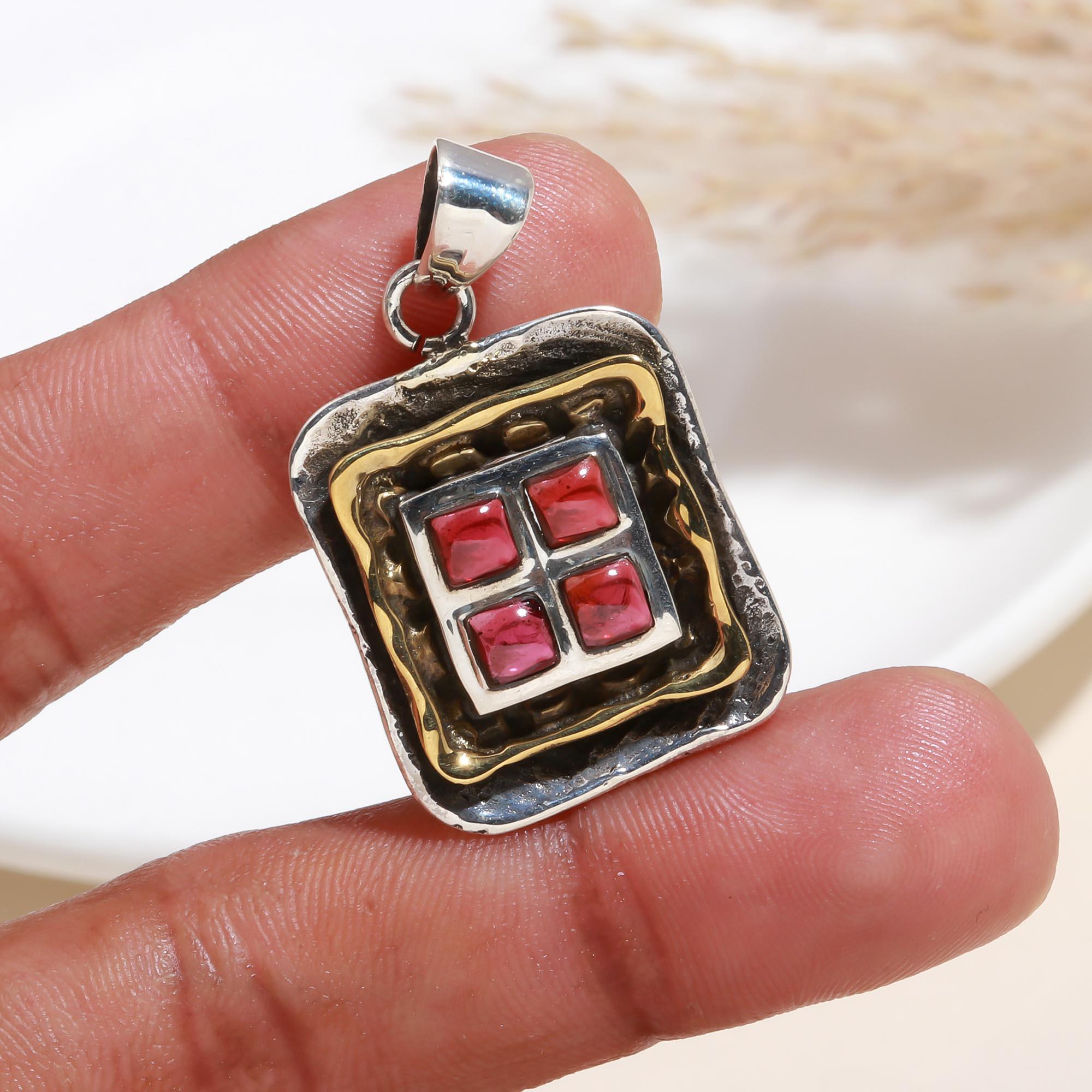 The Garnet Mosaic: Geometric Mixed Metal Pendant