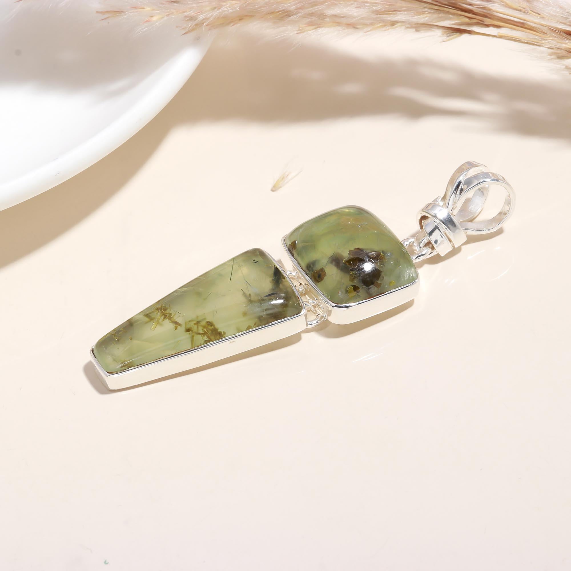 The Prehnite Epidote Drop: Geometric Double Stone Pendant
