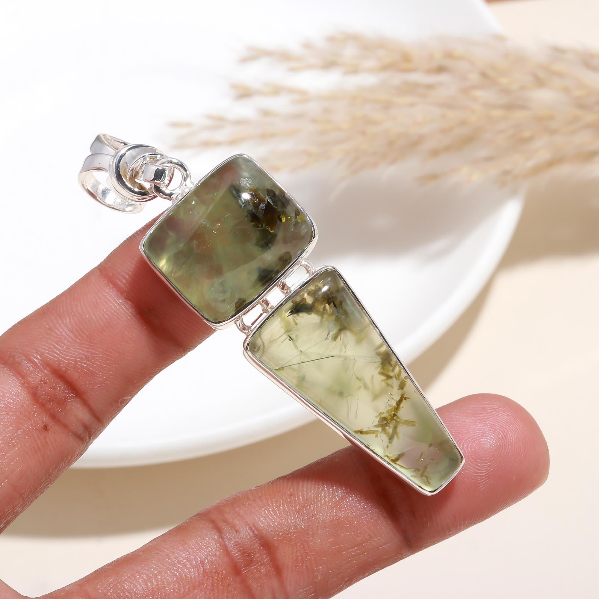 The Prehnite Epidote Drop: Geometric Double Stone Pendant