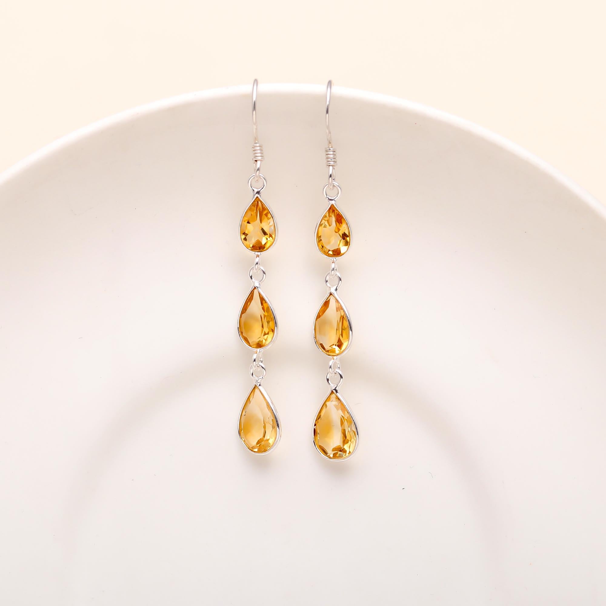 The Solar Cascade: Citrine & Silver Triple Drop Earrings