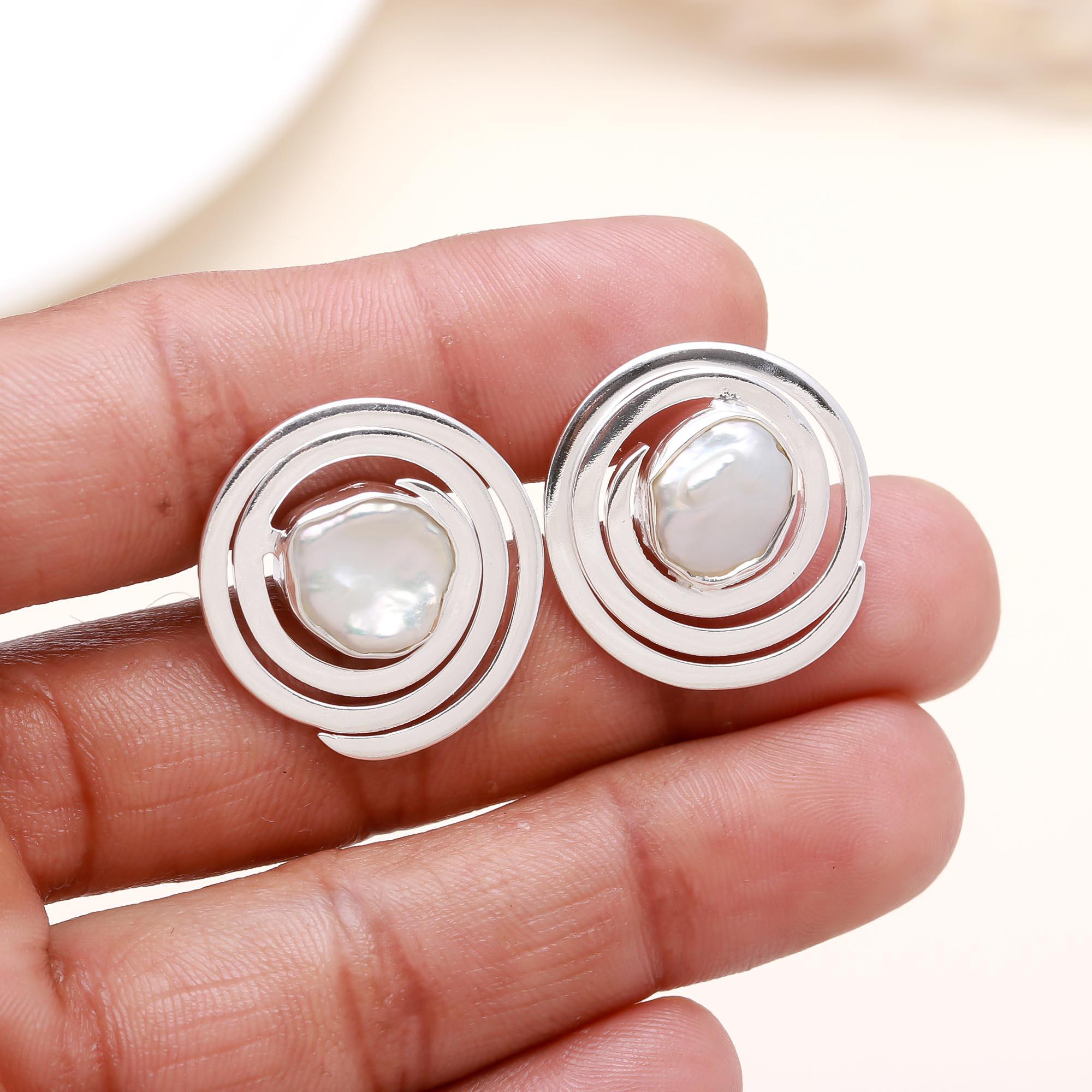 The Lunar Swirl: Pearl Silver Spiral Stud Earrings