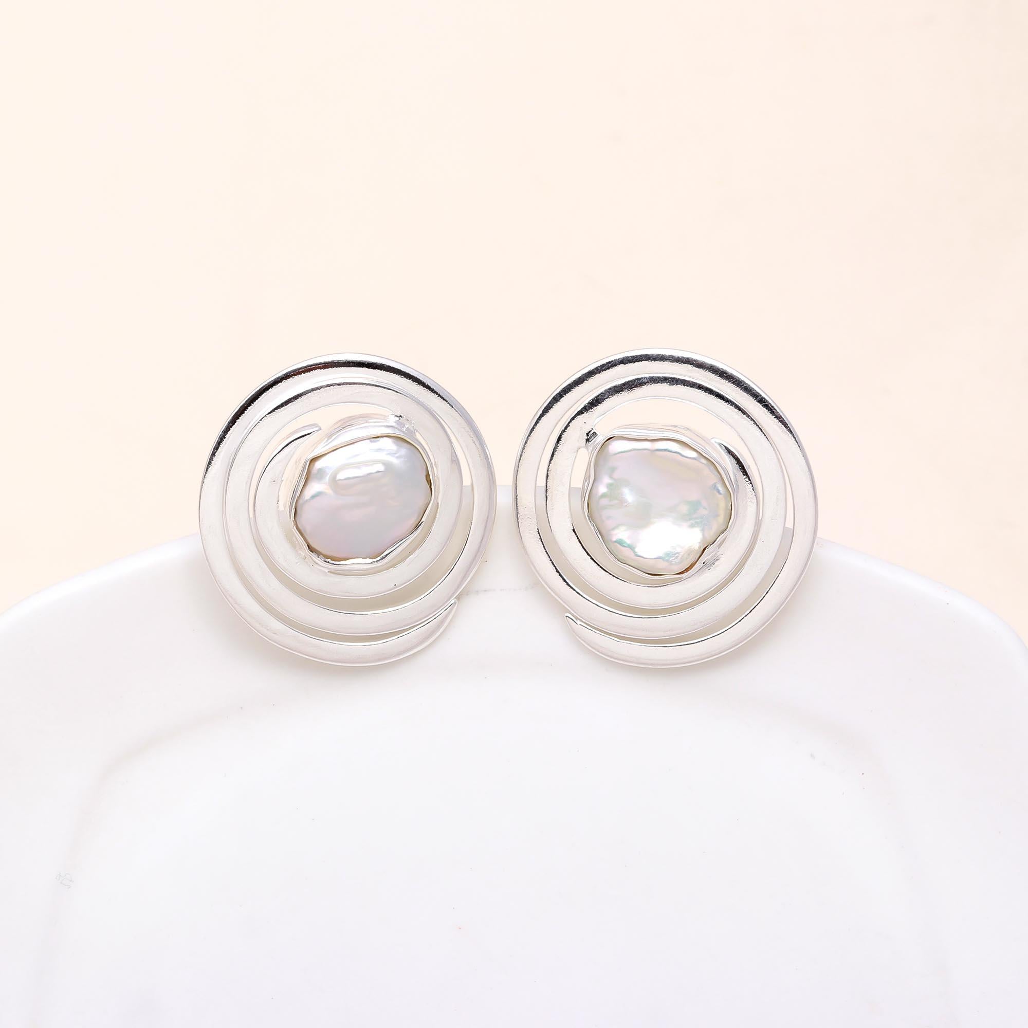 The Lunar Swirl: Pearl Silver Spiral Stud Earrings