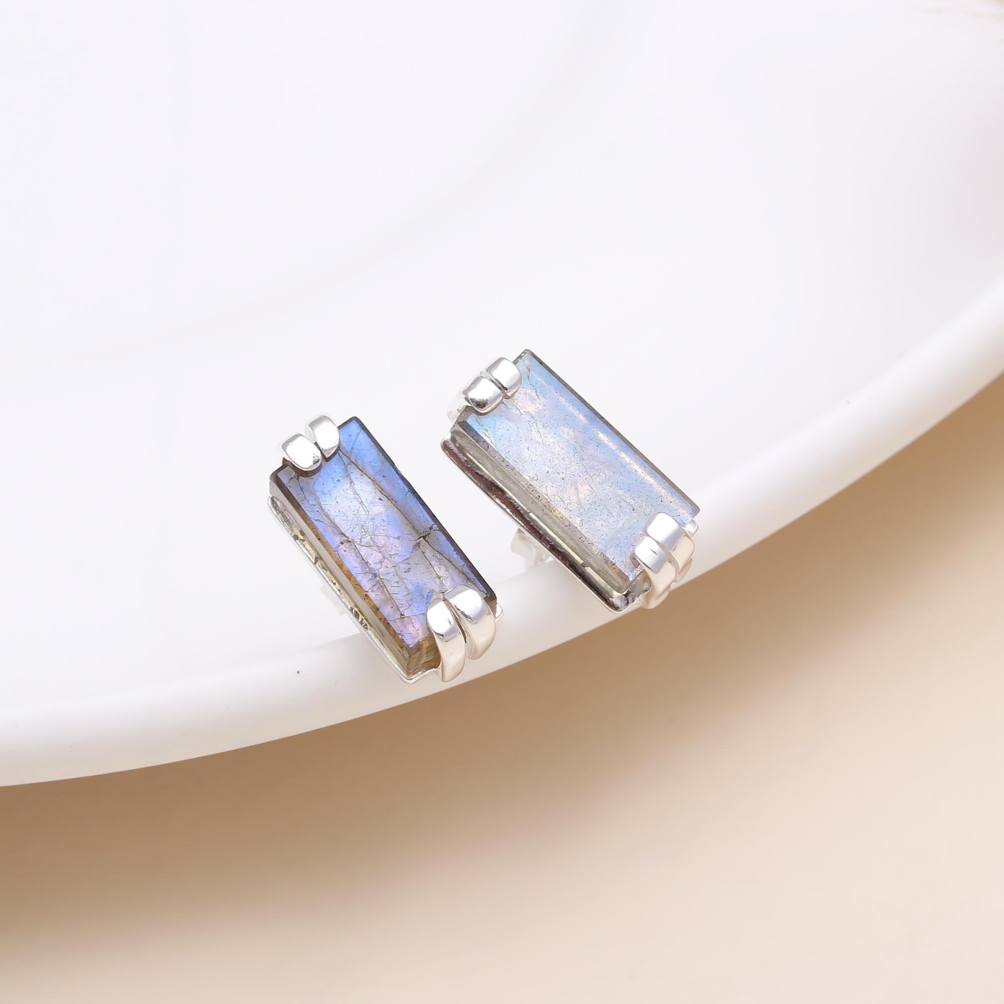 The Aurora Bar: Sterling Silver & Natural Labradorite Stud Earrings