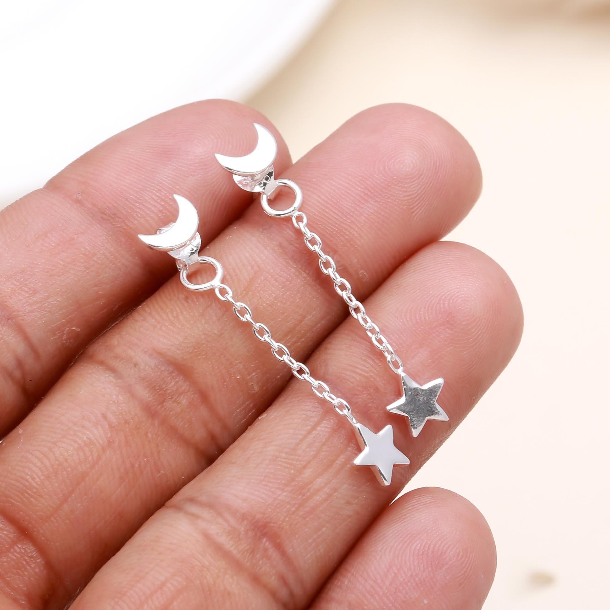 925 Sterling Silver Moon and Star Dangle Earrings