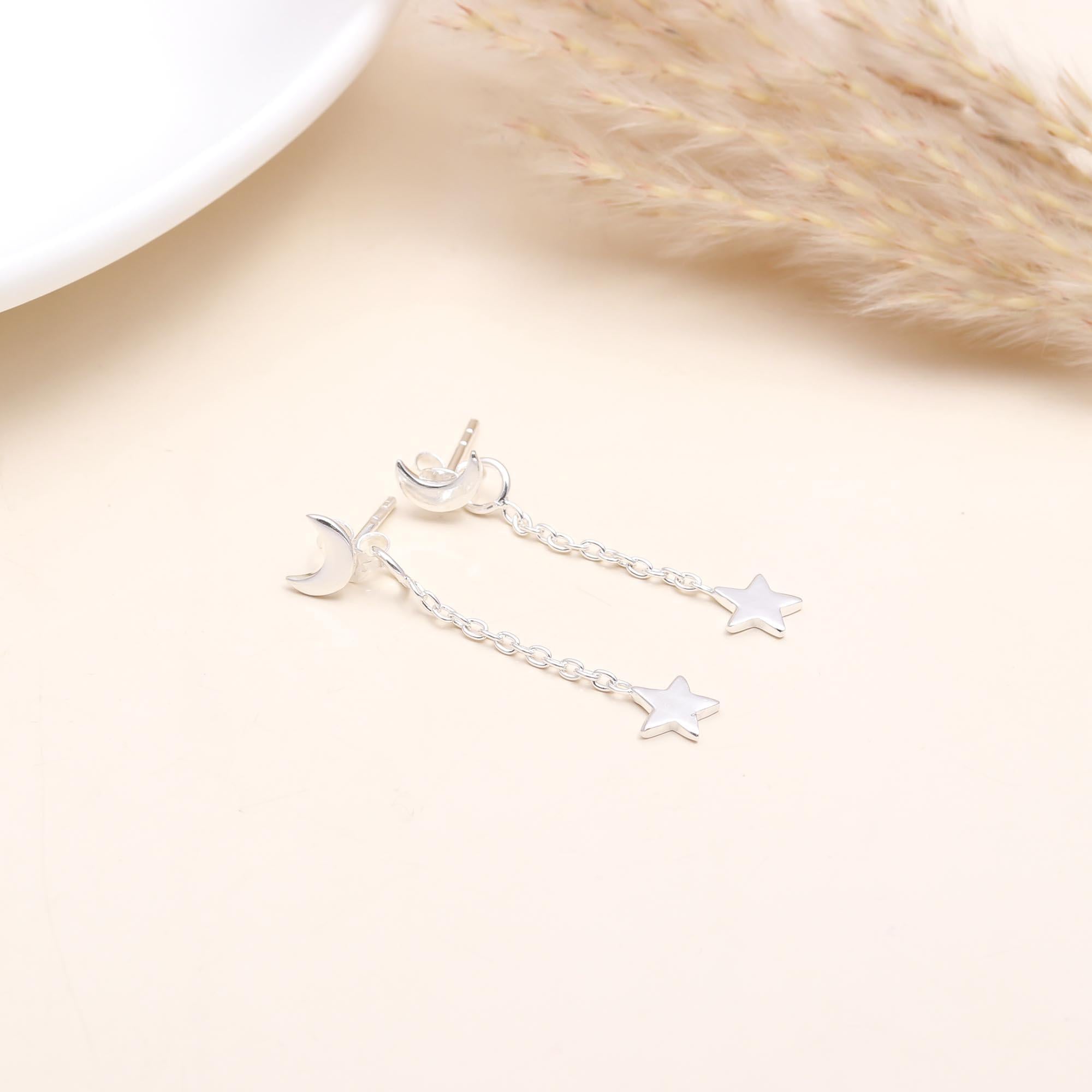 925 Sterling Silver Moon and Star Dangle Earrings