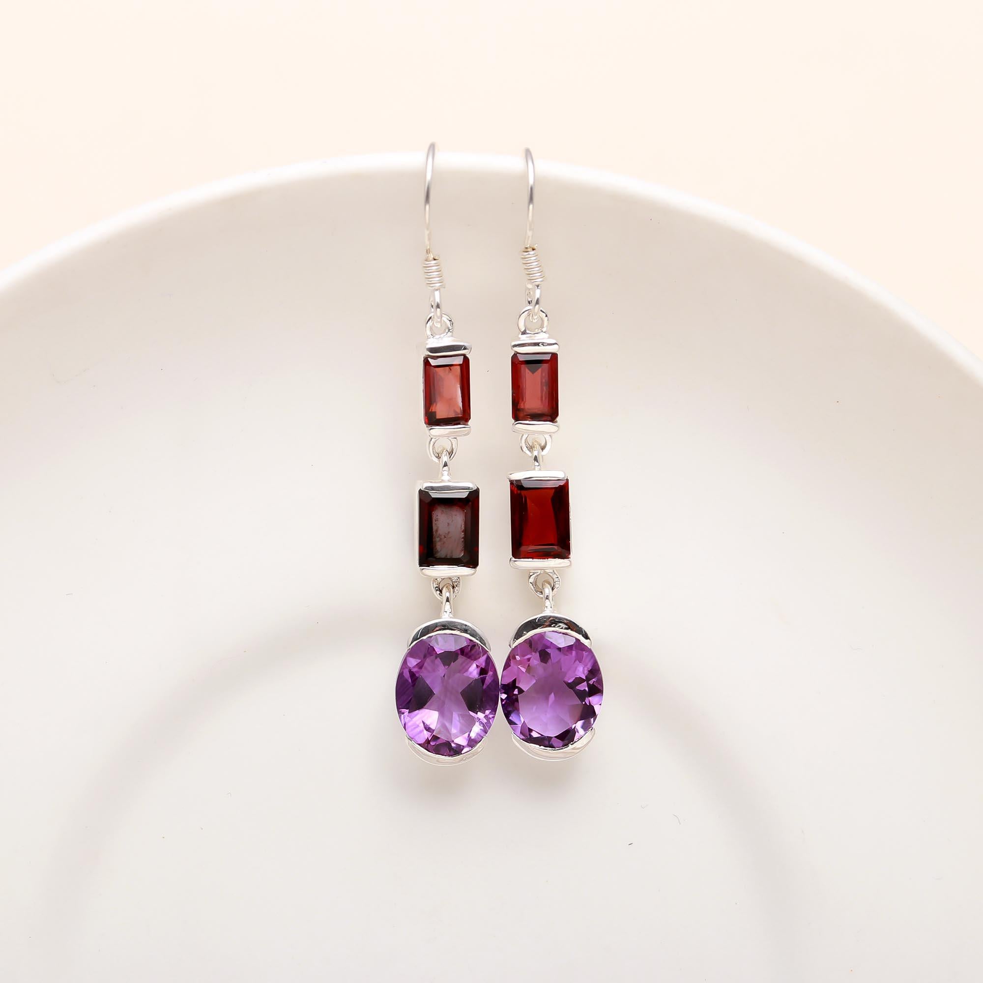 925 Silver Garnet and Amethyst Dangle Earrings
