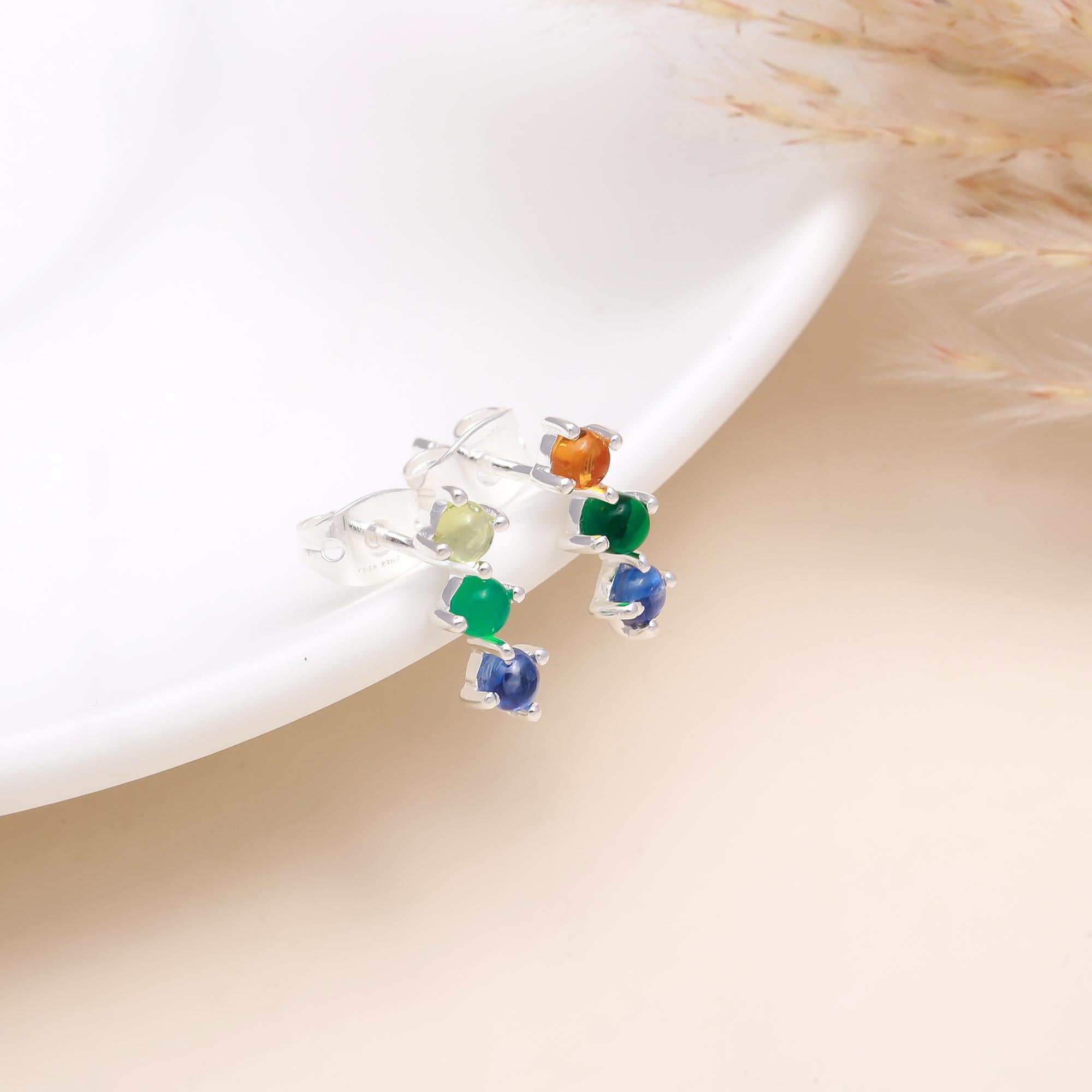 925 Sterling Silver Multicolor Gemstone Stud Earrings
