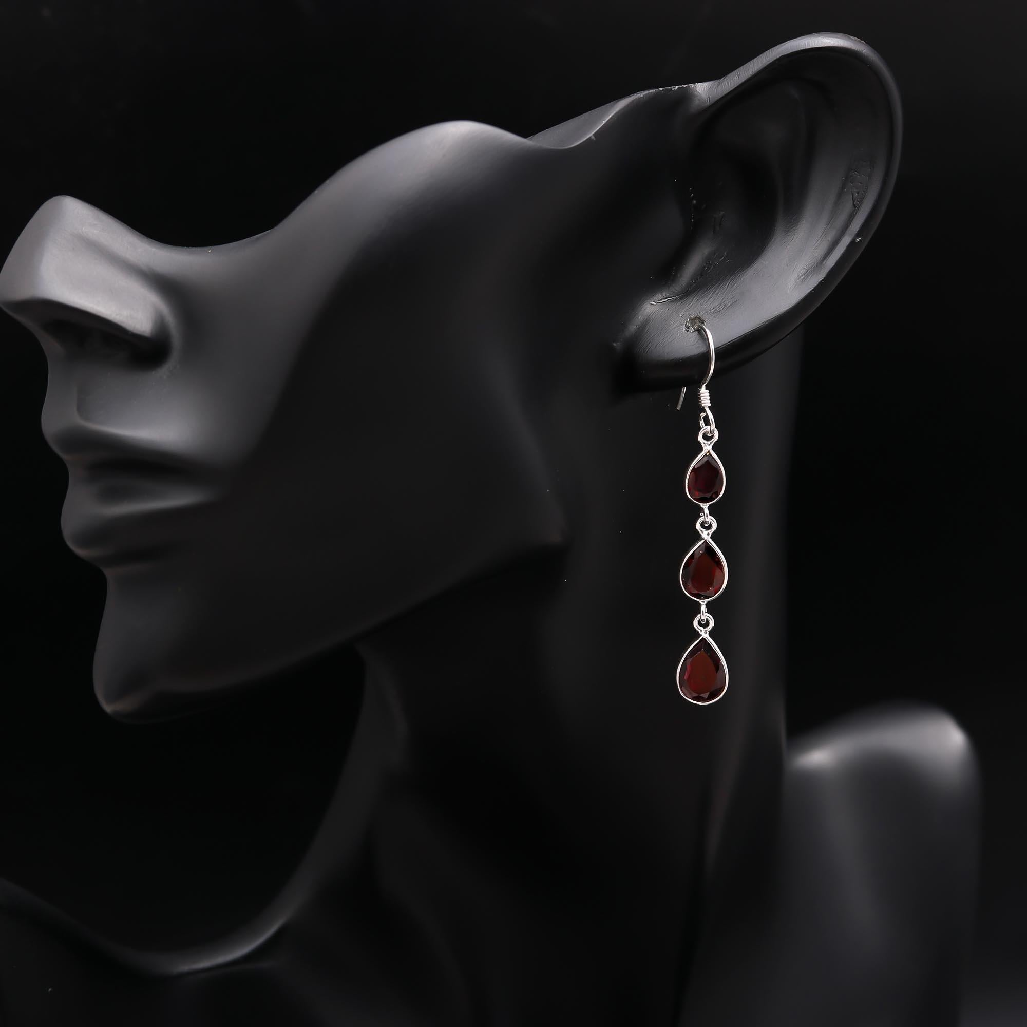 The Crimson Cascade: Garnet & Silver Triple Teardrop Earrings