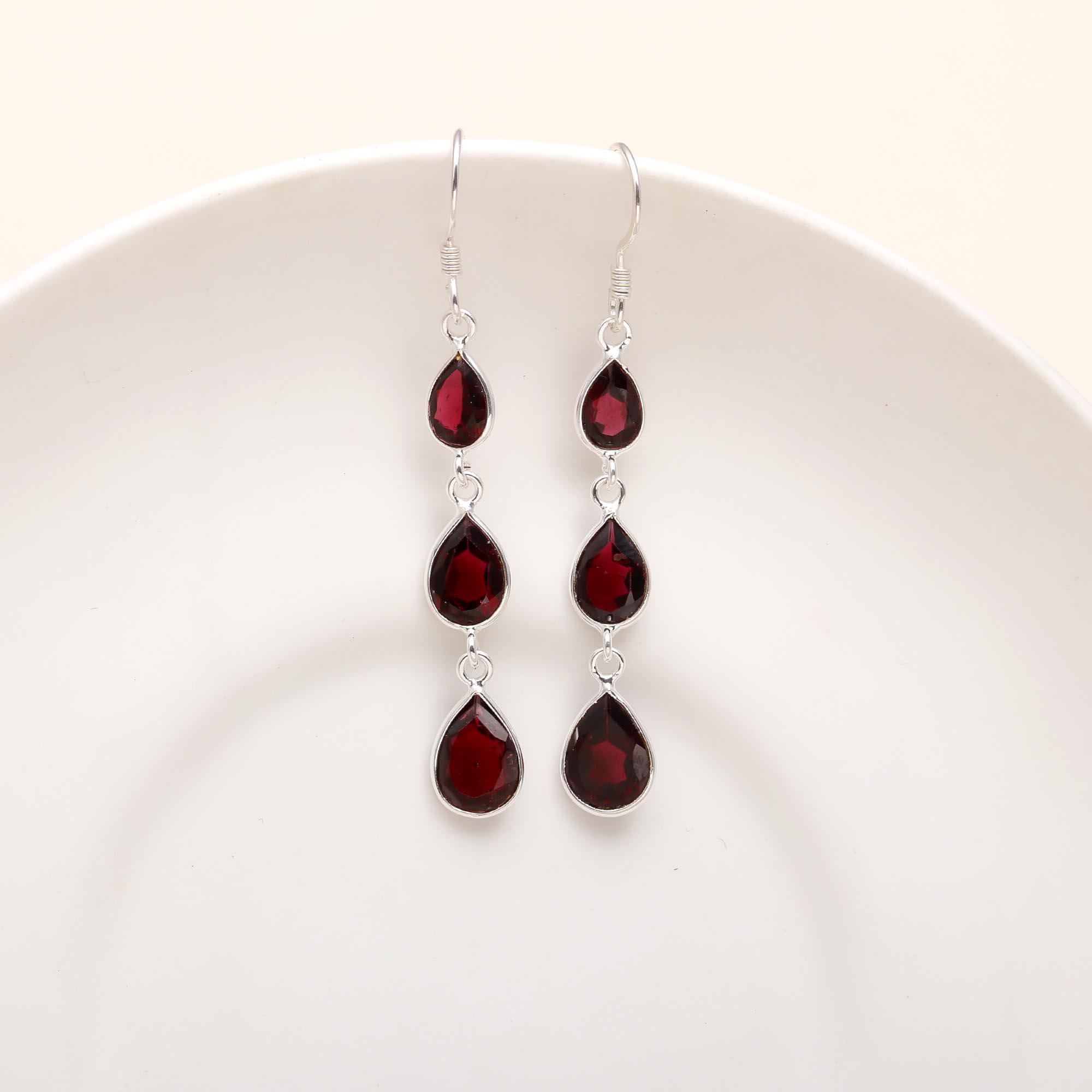 The Crimson Cascade: Garnet & Silver Triple Teardrop Earrings