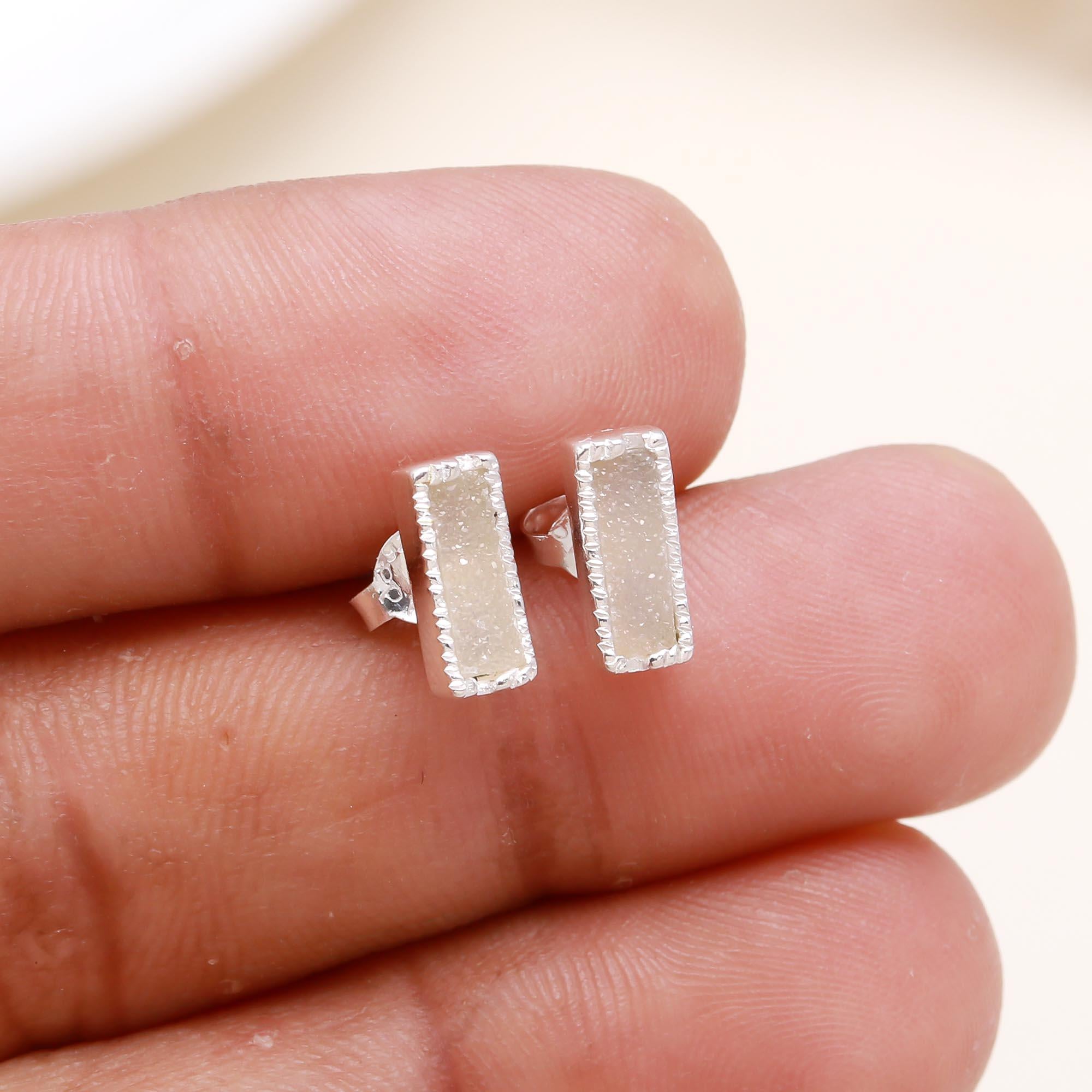 925 Sterling Silver Baguette Druzy Stud Earrings