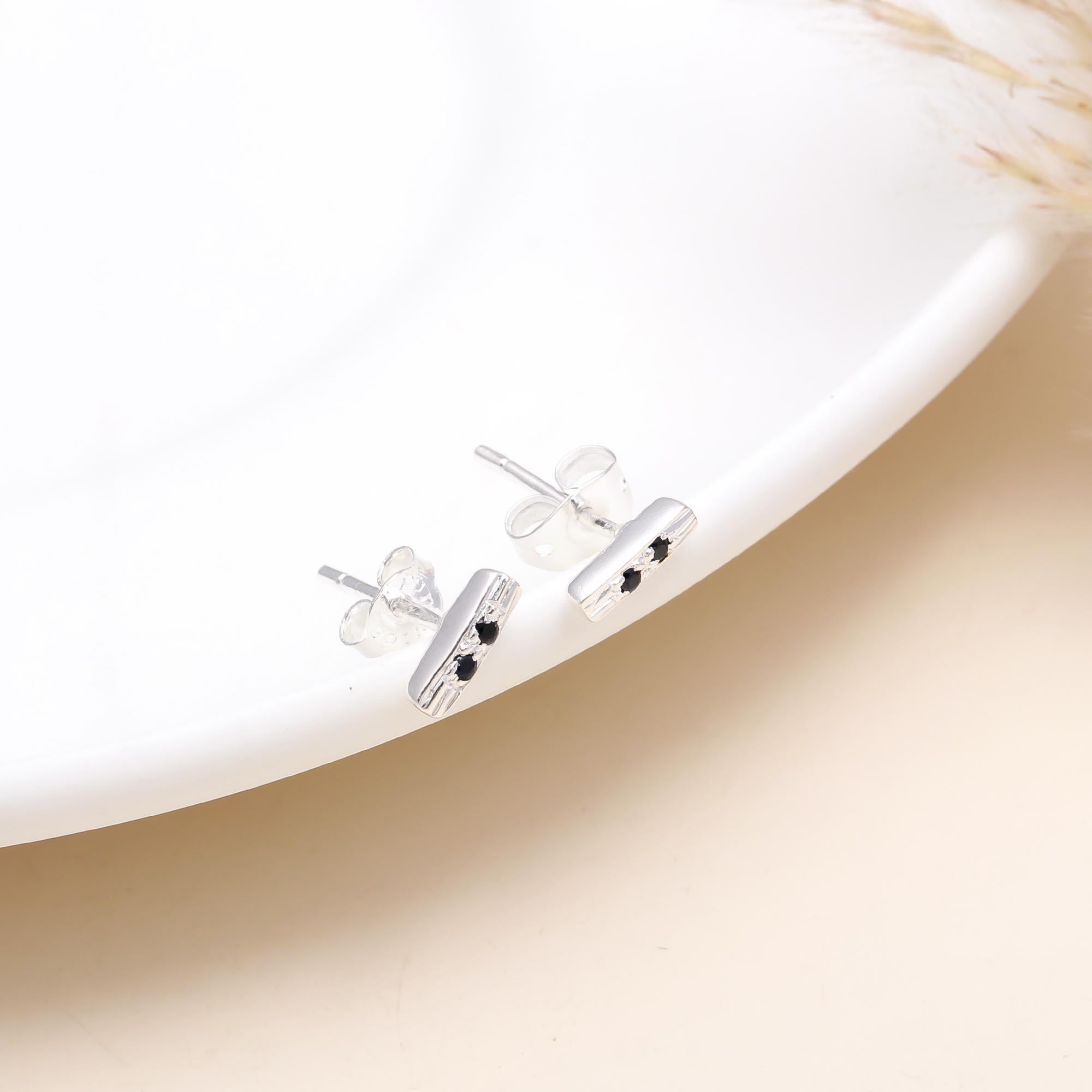 925 Sterling Silver Black Stone Bar Stud Earrings
