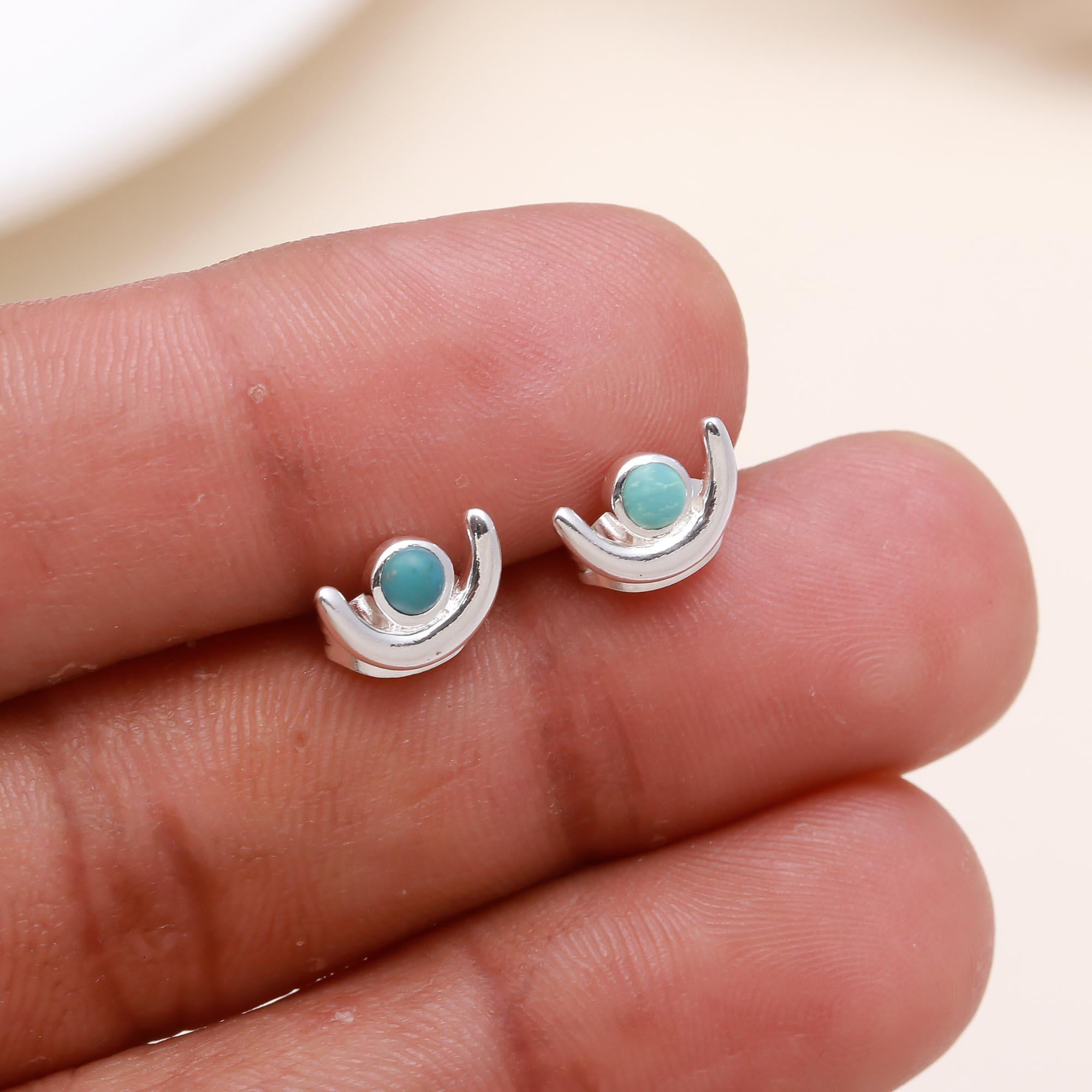 925 Sterling Silver Crescent Moon Turquoise Stud Earrings