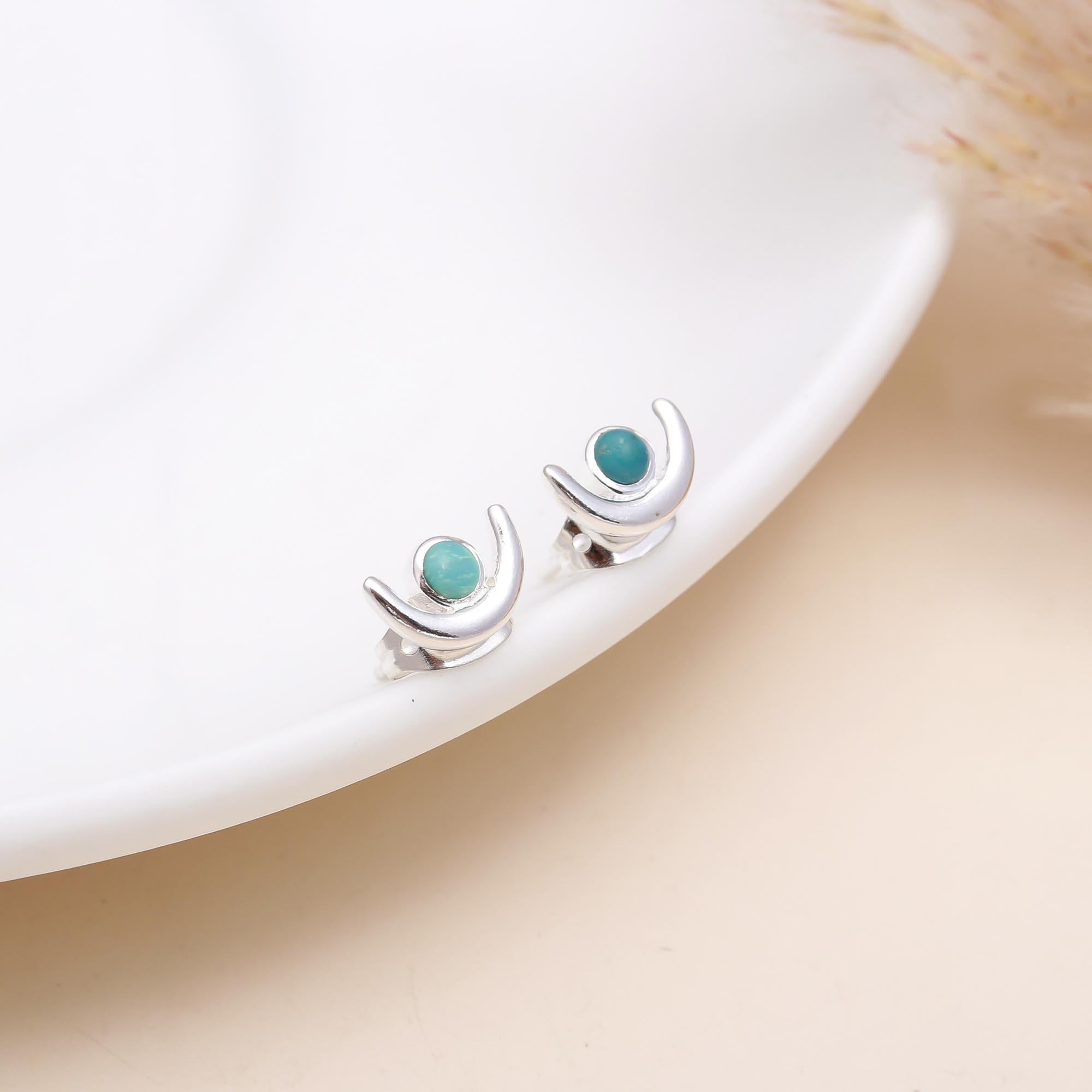 925 Sterling Silver Crescent Moon Turquoise Stud Earrings
