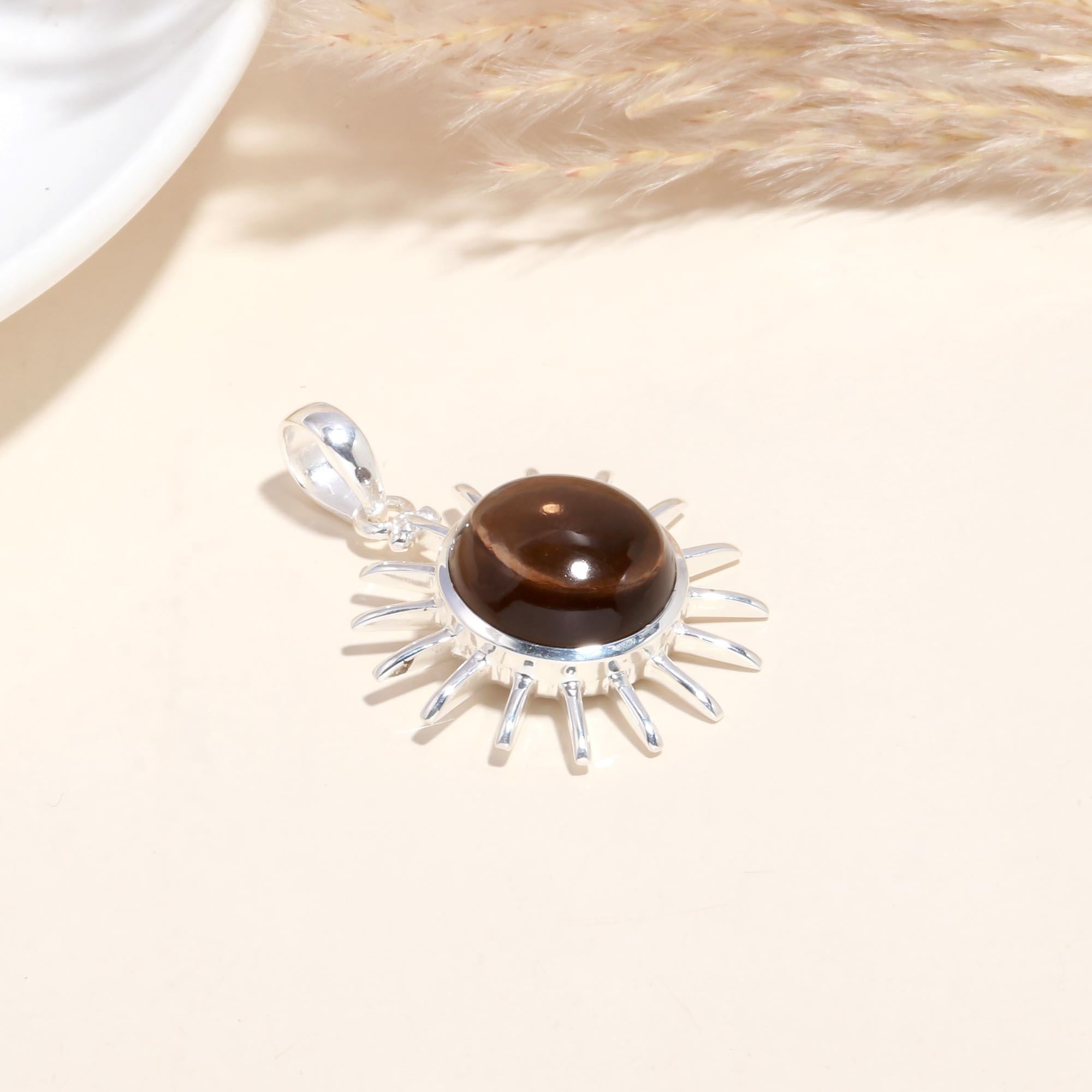 925 Sterling Silver Sunburst Brown Gemstone Pendant