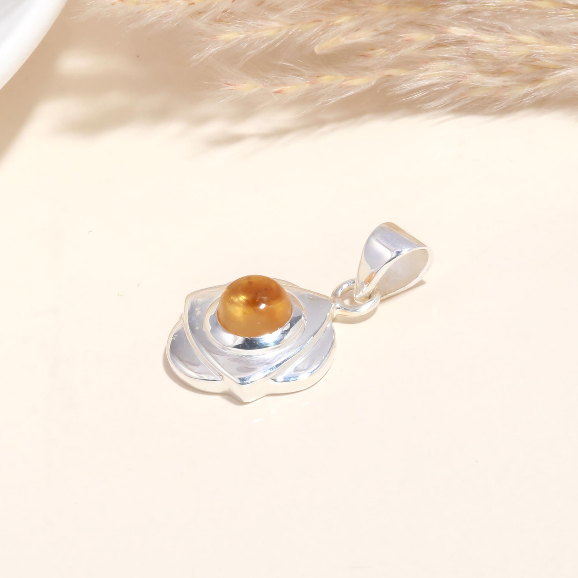 925 Sterling Silver Floral Citrine Cabochon Pendant