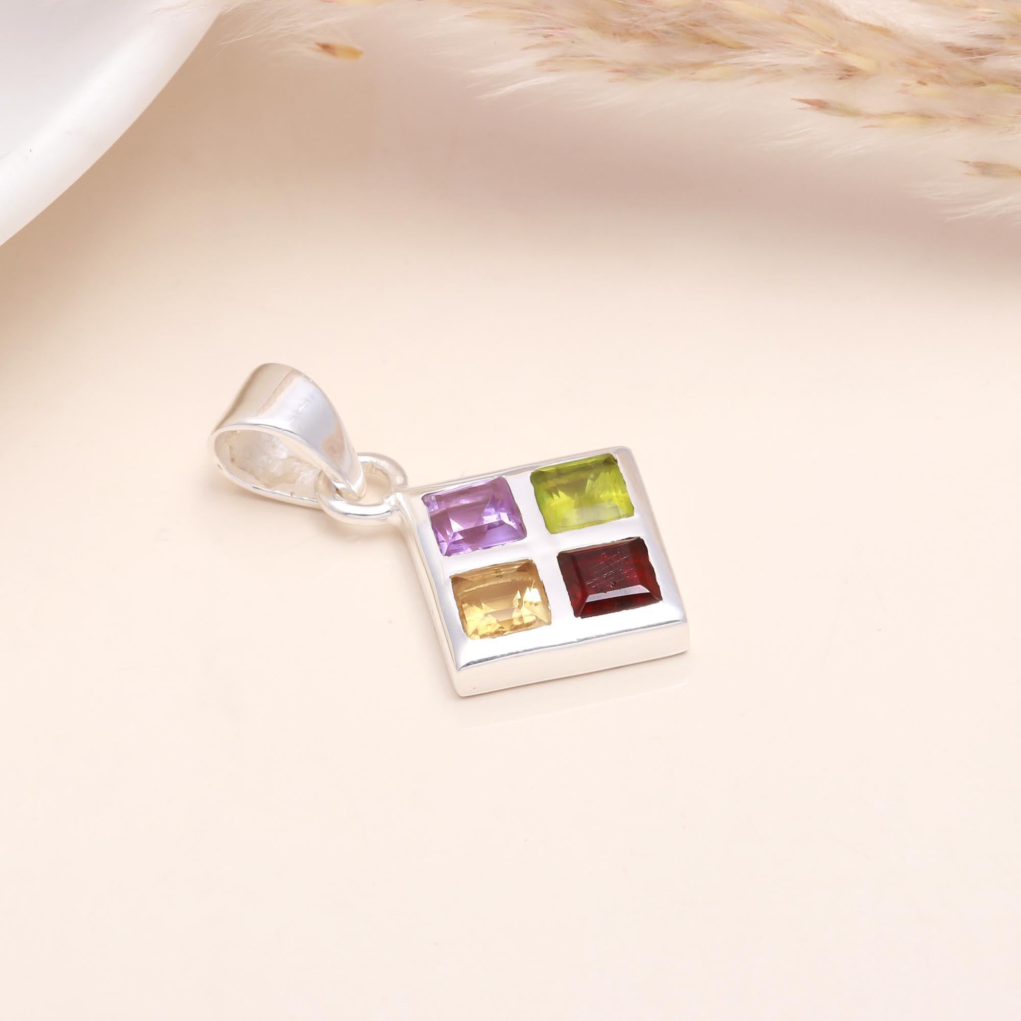 925 Sterling Silver Multi-Gemstone Square Pendant