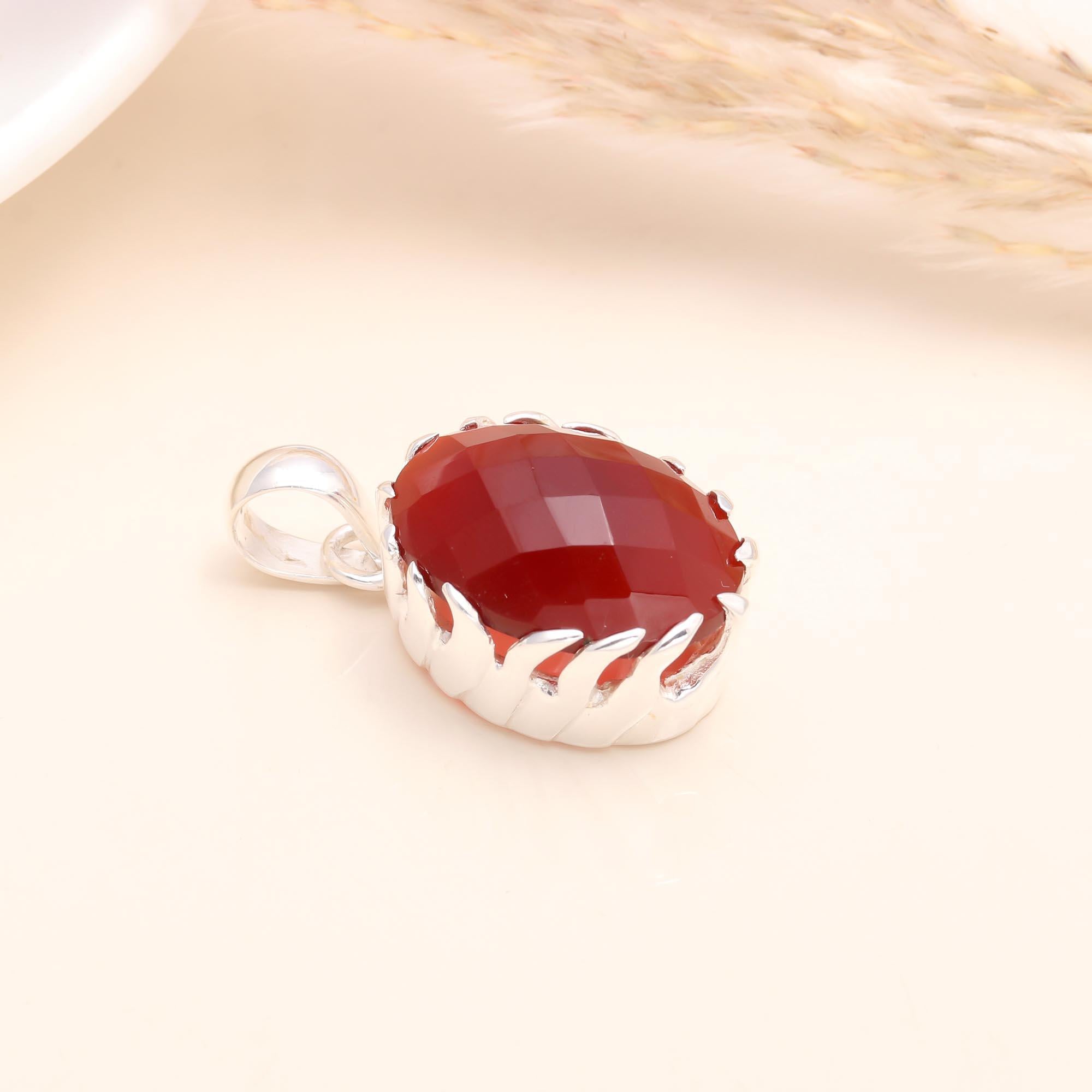 925 Sterling Silver Faceted Carnelian Bold Pendant