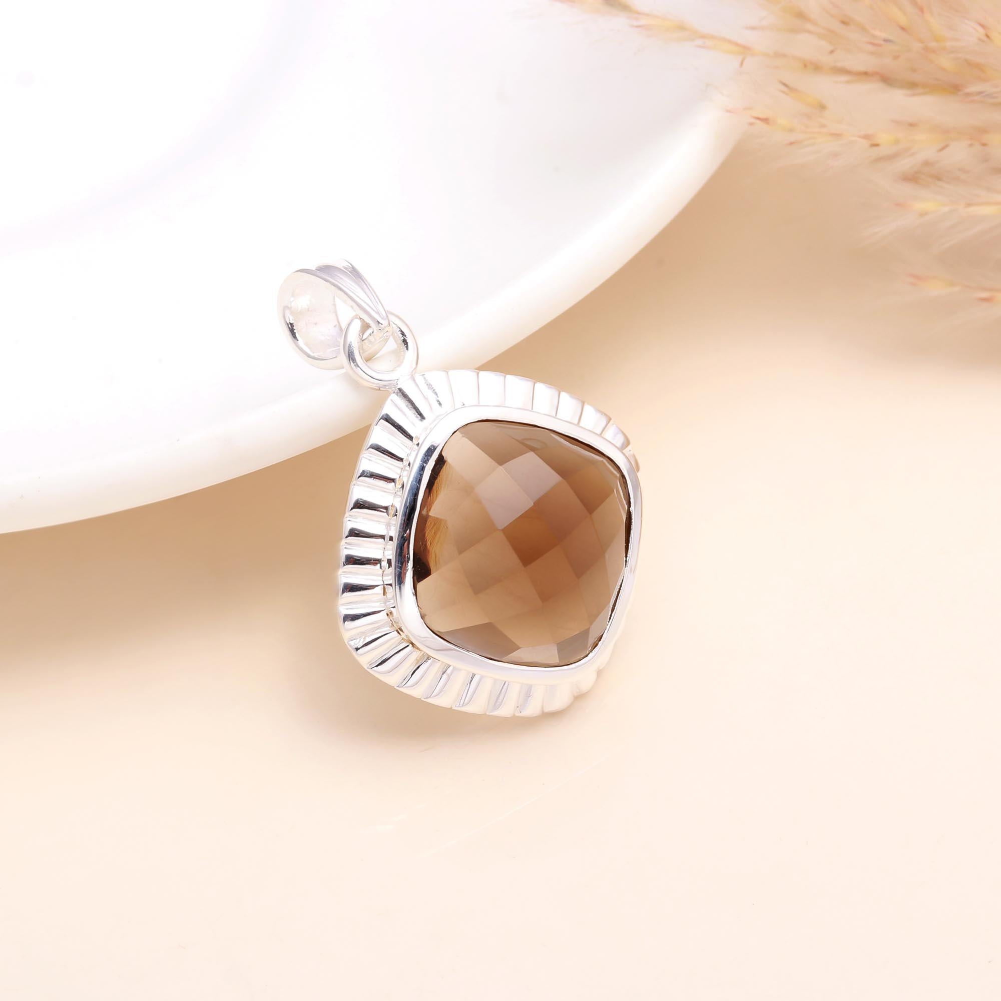 925 Sterling Silver Cushion Cut Smoky Quartz Pendant