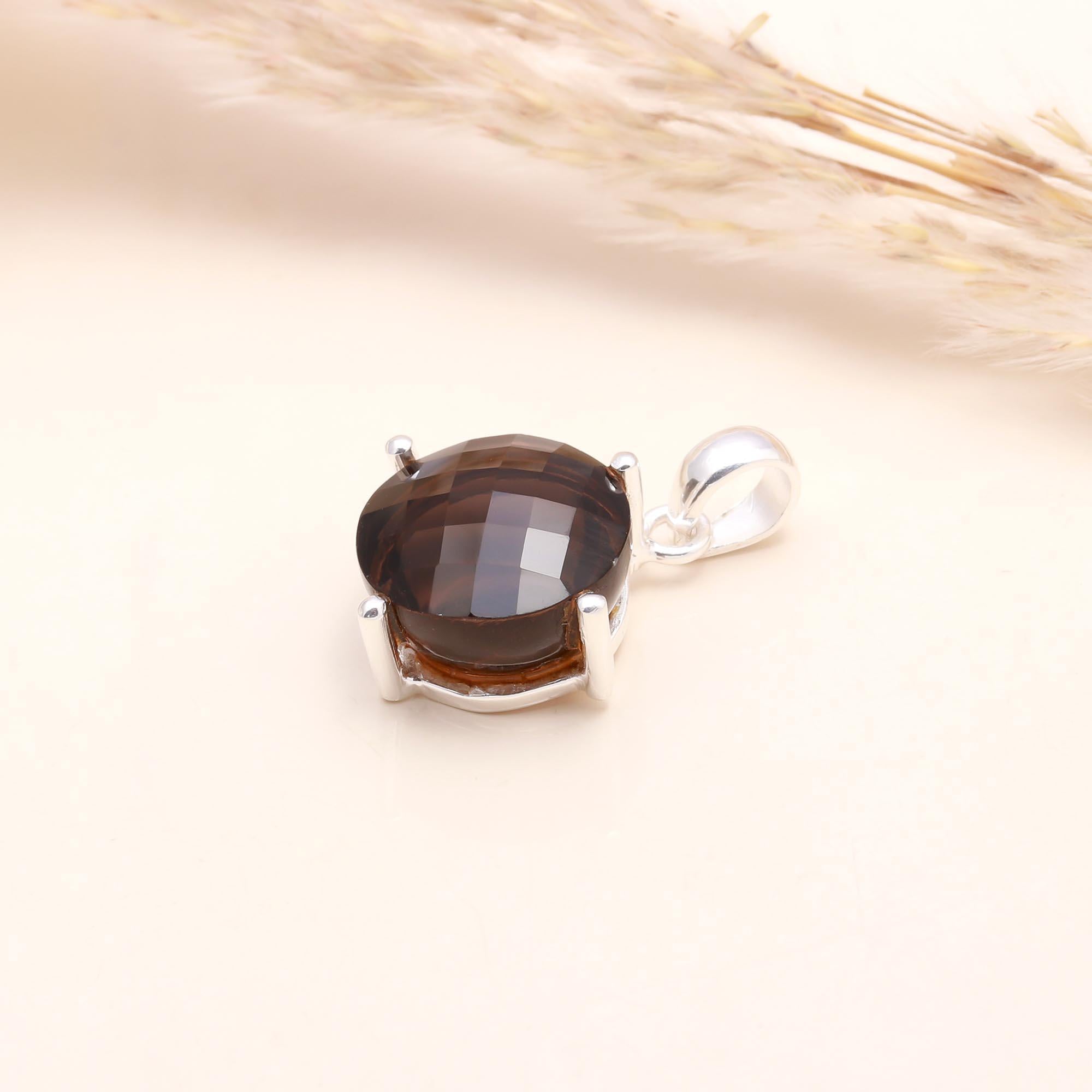 925 Sterling Silver Smoky Quartz Round Pendant