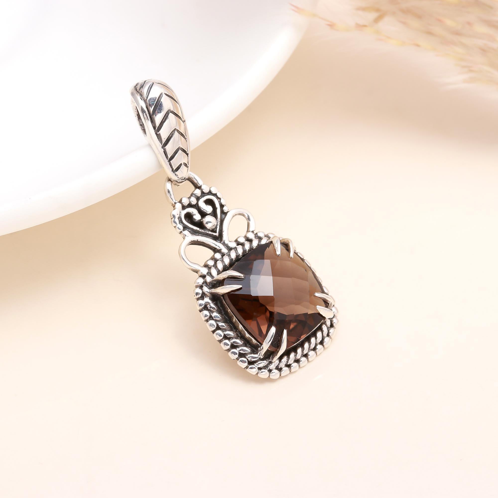 925 Sterling Silver Vintage Smoky Quartz Boho Pendant