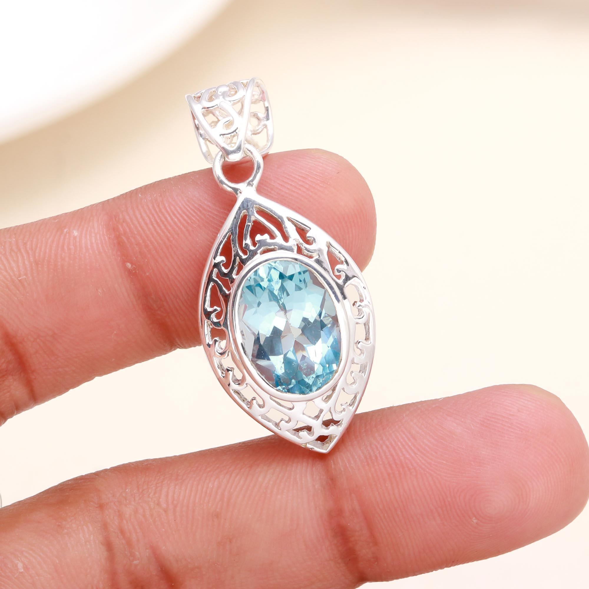 925 Sterling Silver  Blue Topaz Filigree Pendant