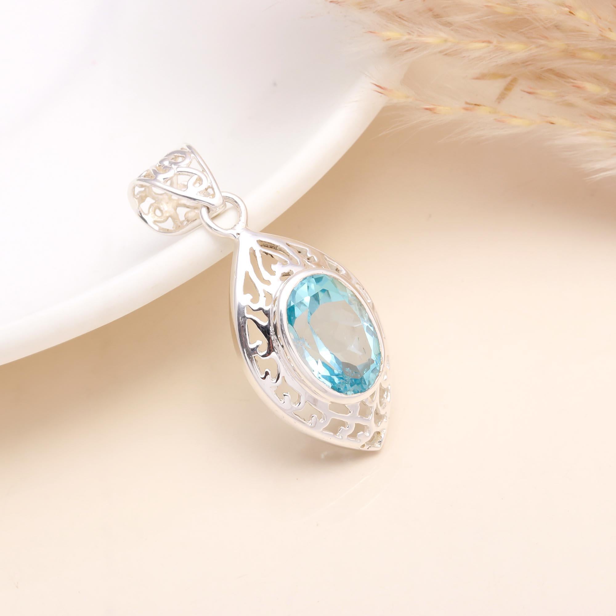 925 Sterling Silver  Blue Topaz Filigree Pendant