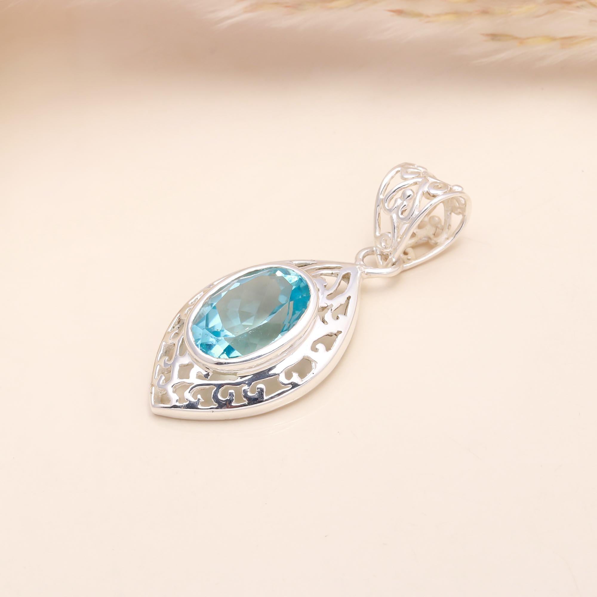 925 Sterling Silver  Blue Topaz Filigree Pendant