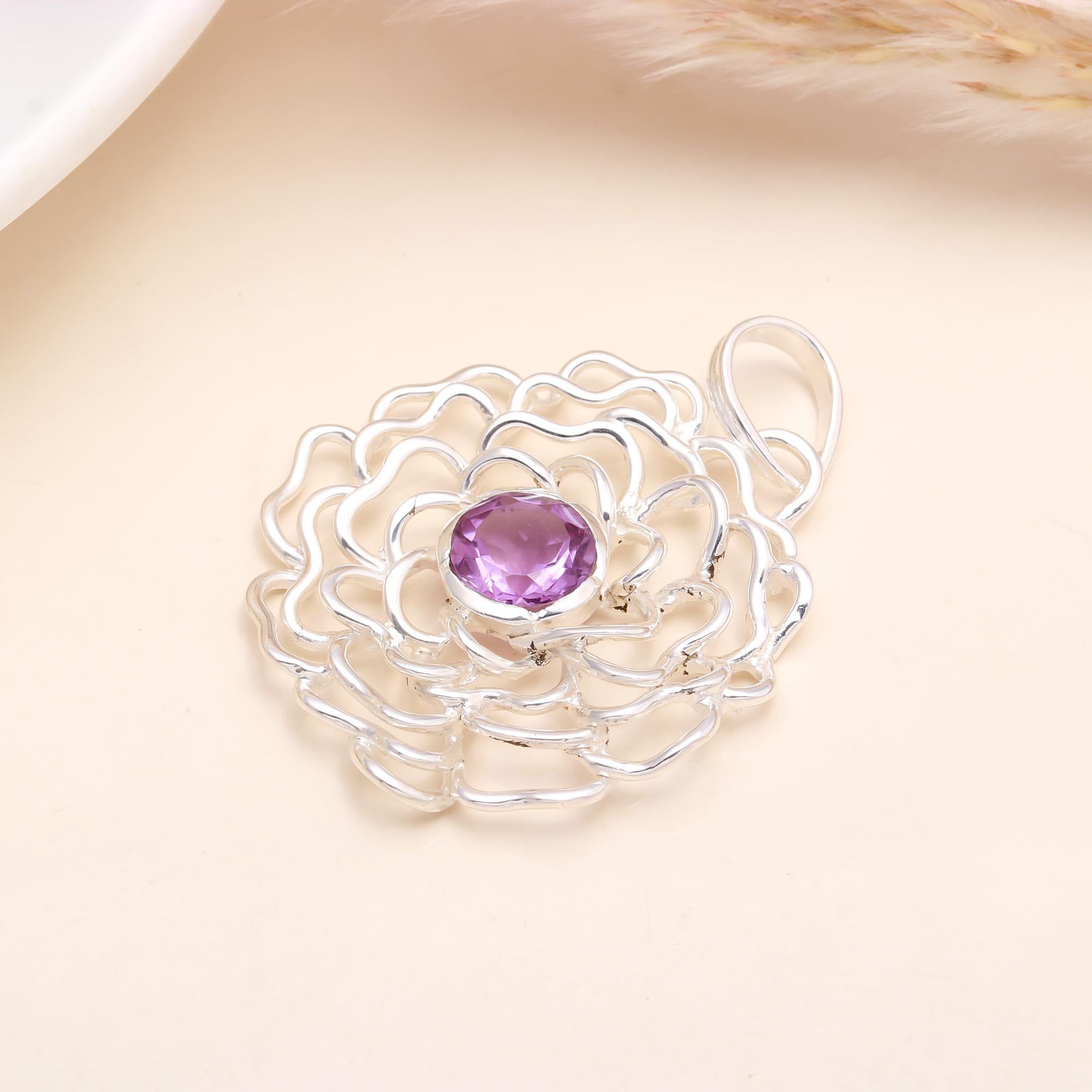 925 Sterling Silver Floral Amethyst Pendant