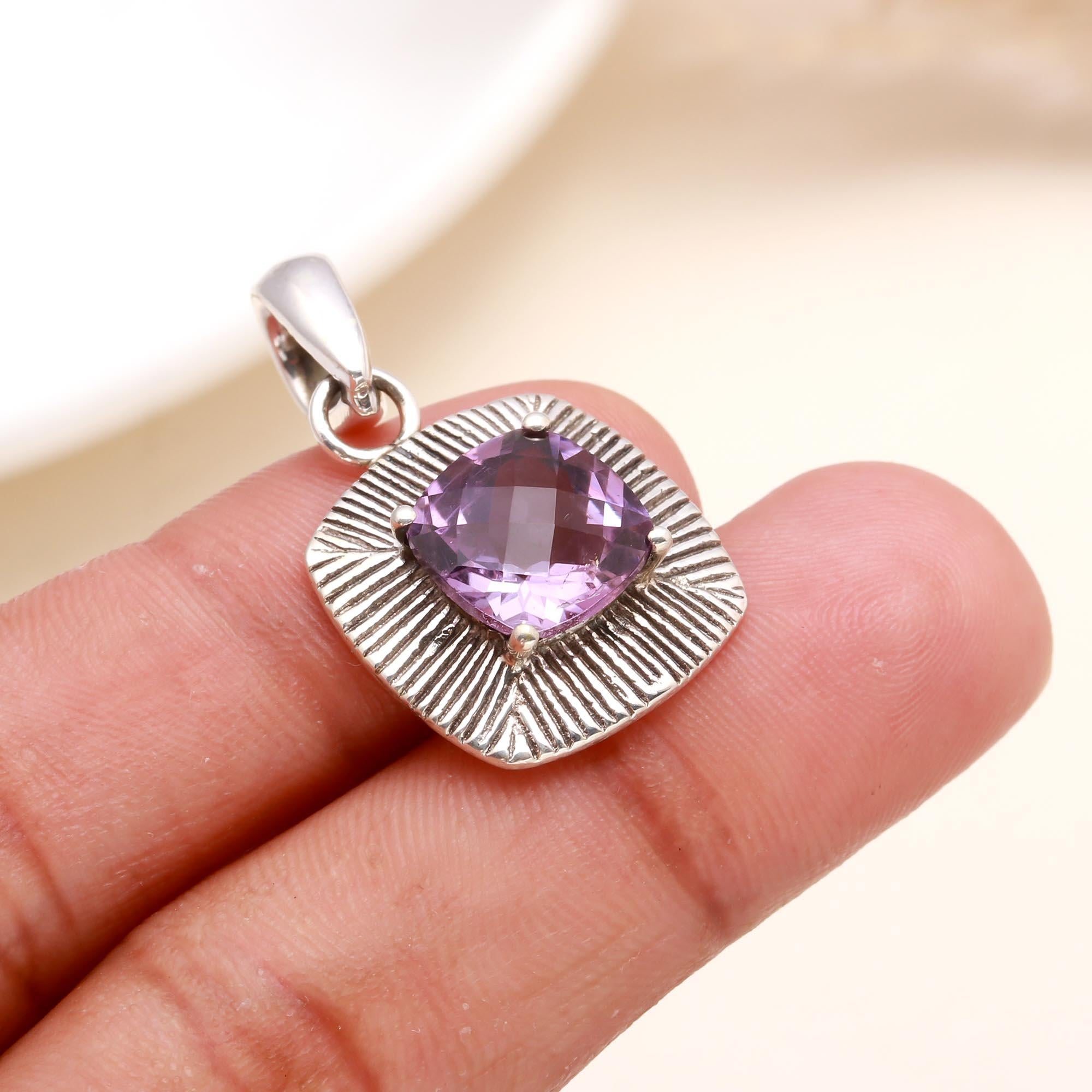 925 Sterling Silver Amethyst Textured Pendant