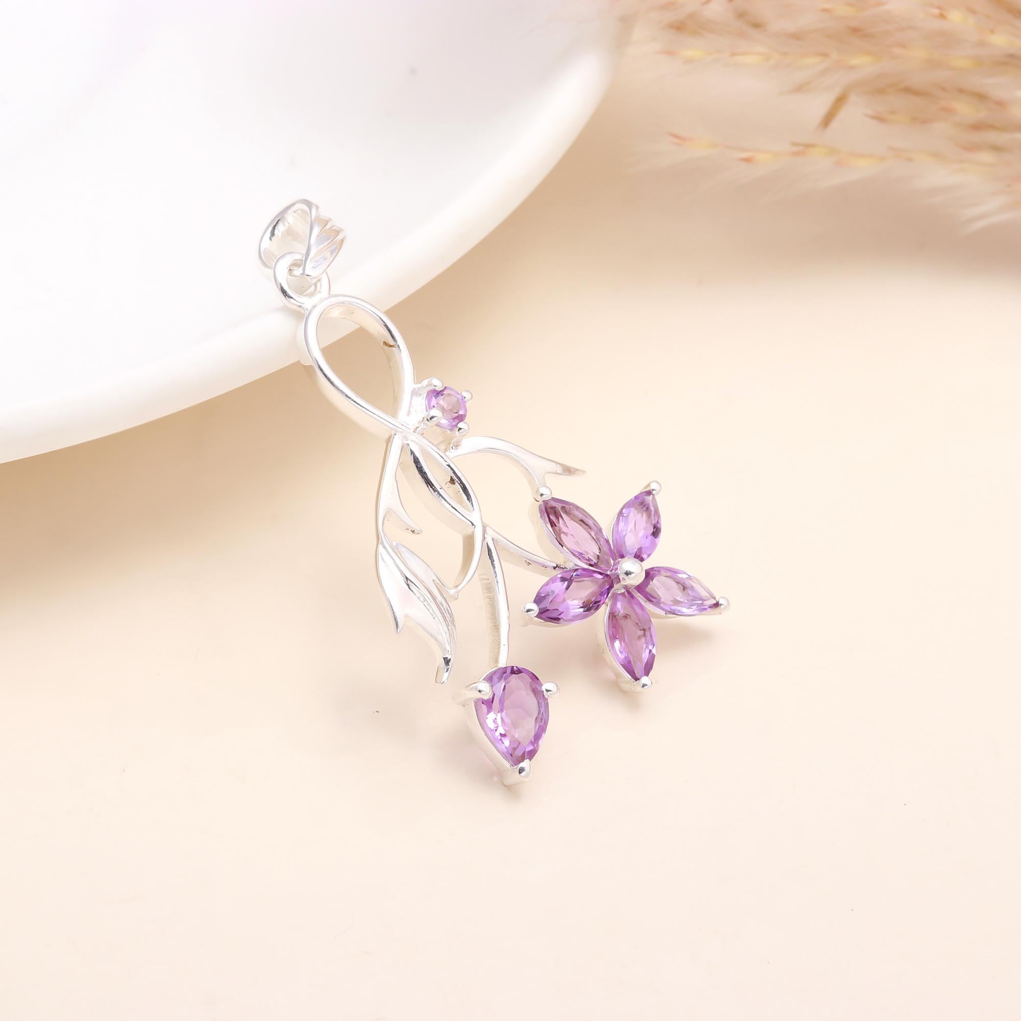 925 Sterling Silver Amethyst Floral Pendant